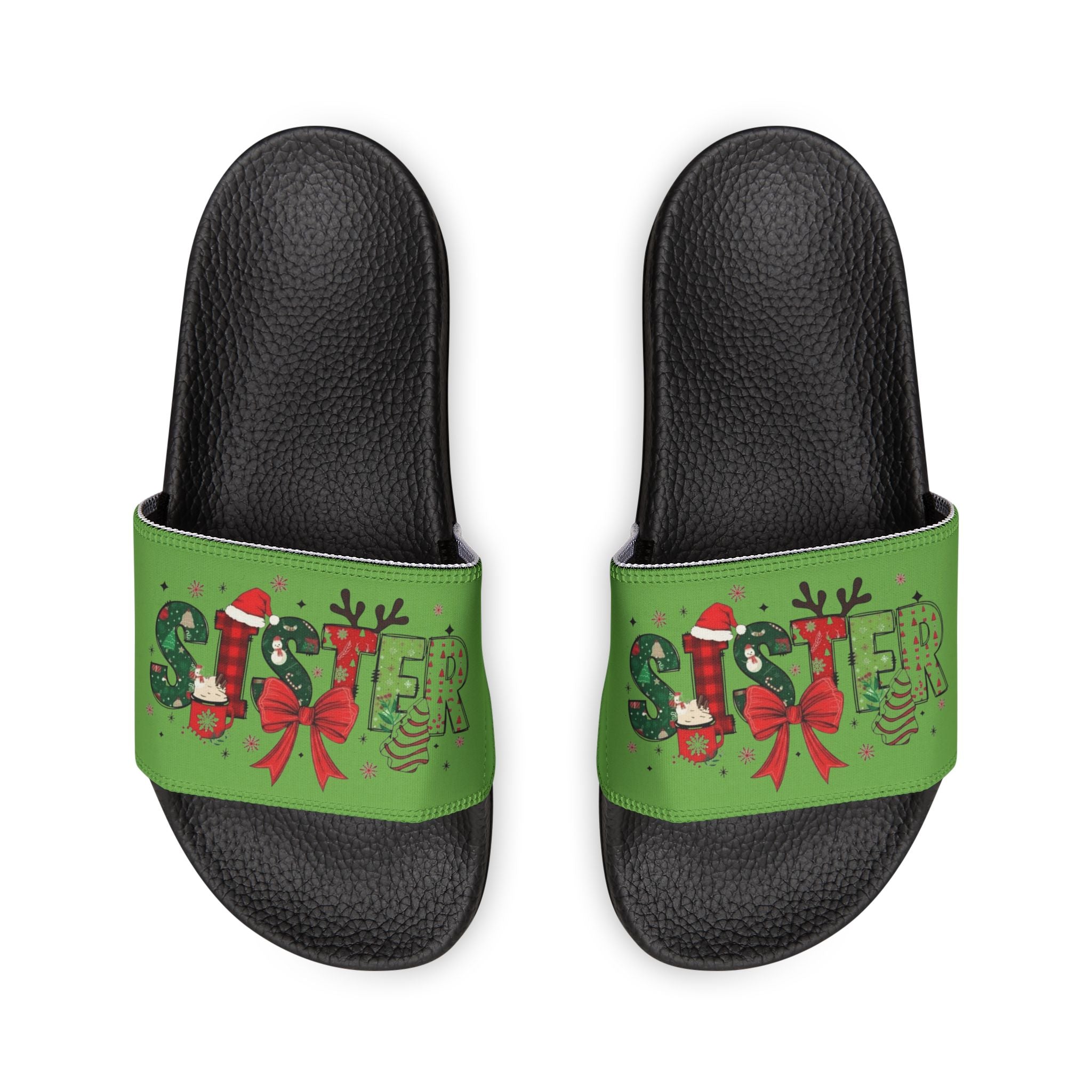 Sister Women's Holiday Slide Sandals — Green 'Joy' Gift Bow Design