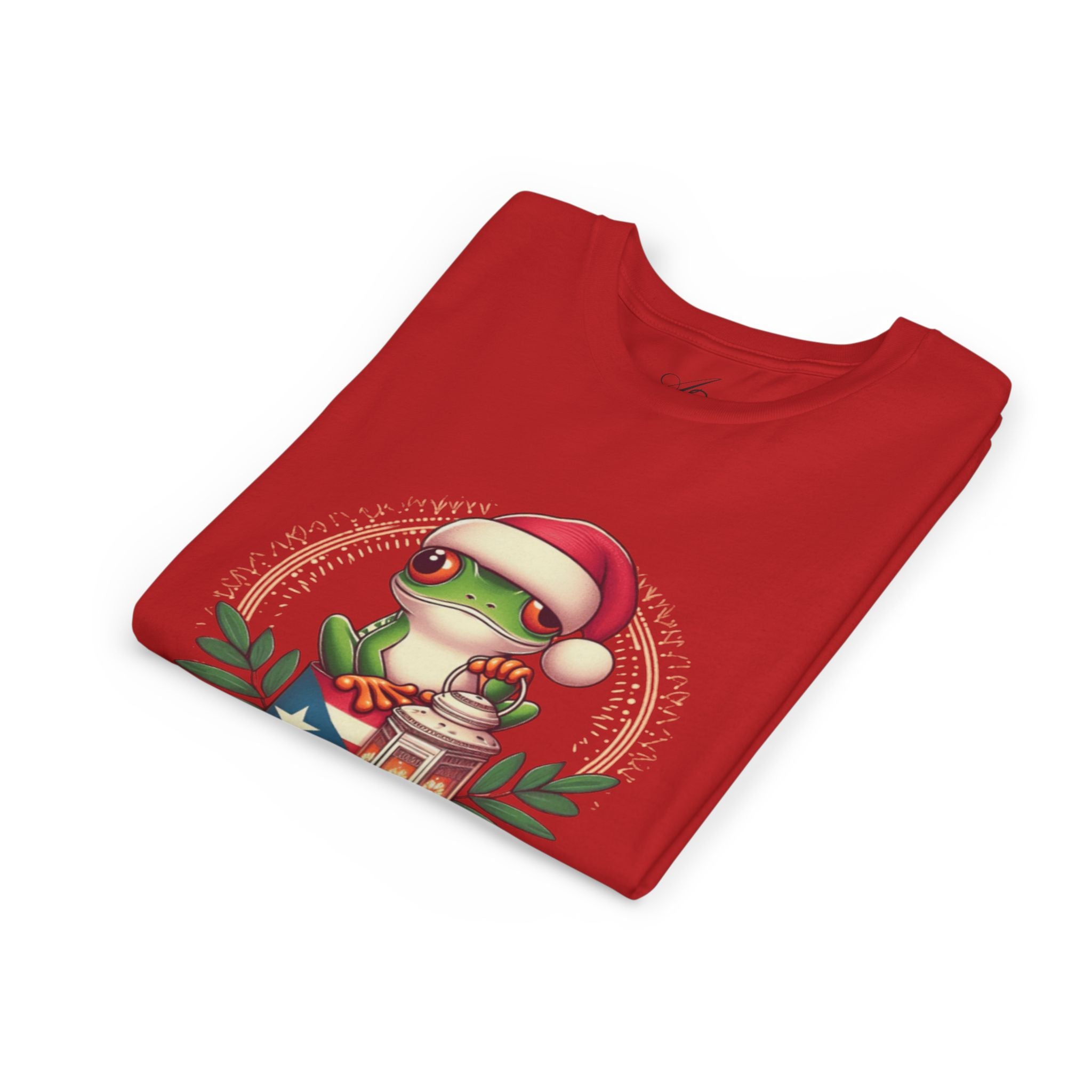 Kids Tee Cute Frog with Puerto Rican Flag & Lantern (Feliz Navidad)