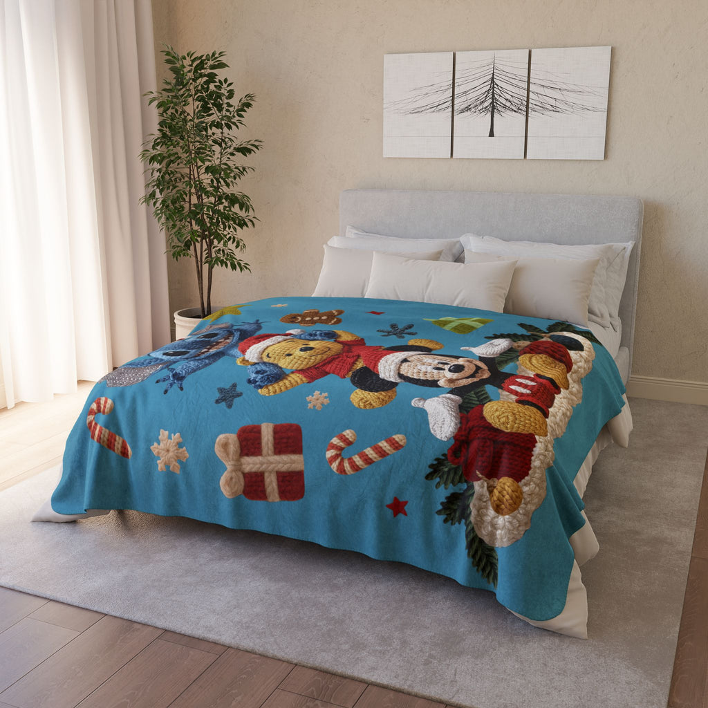 Winter Wonderland Cartoon Fleece Blanket Disney Holiday Plush Stack Fleece Sherpa Blanket  Mickey, Winnie & Stitch Christmas Throw