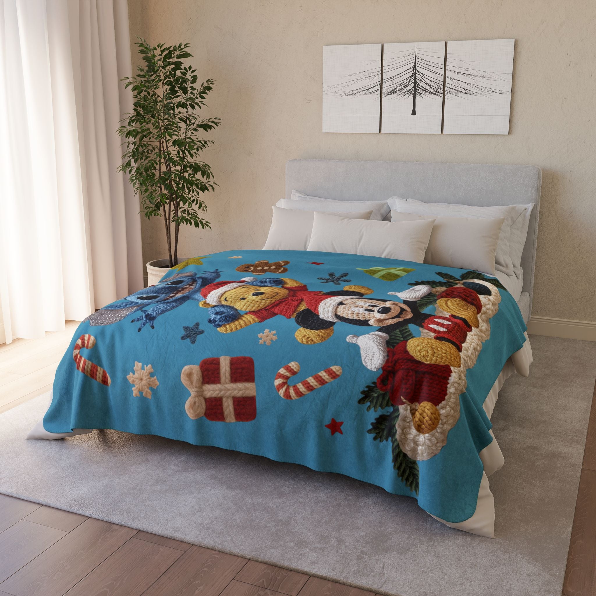 Winter Wonderland Cartoon Fleece Blanket Disney Holiday Plush Stack Fleece Sherpa Blanket  Mickey, Winnie & Stitch Christmas Throw