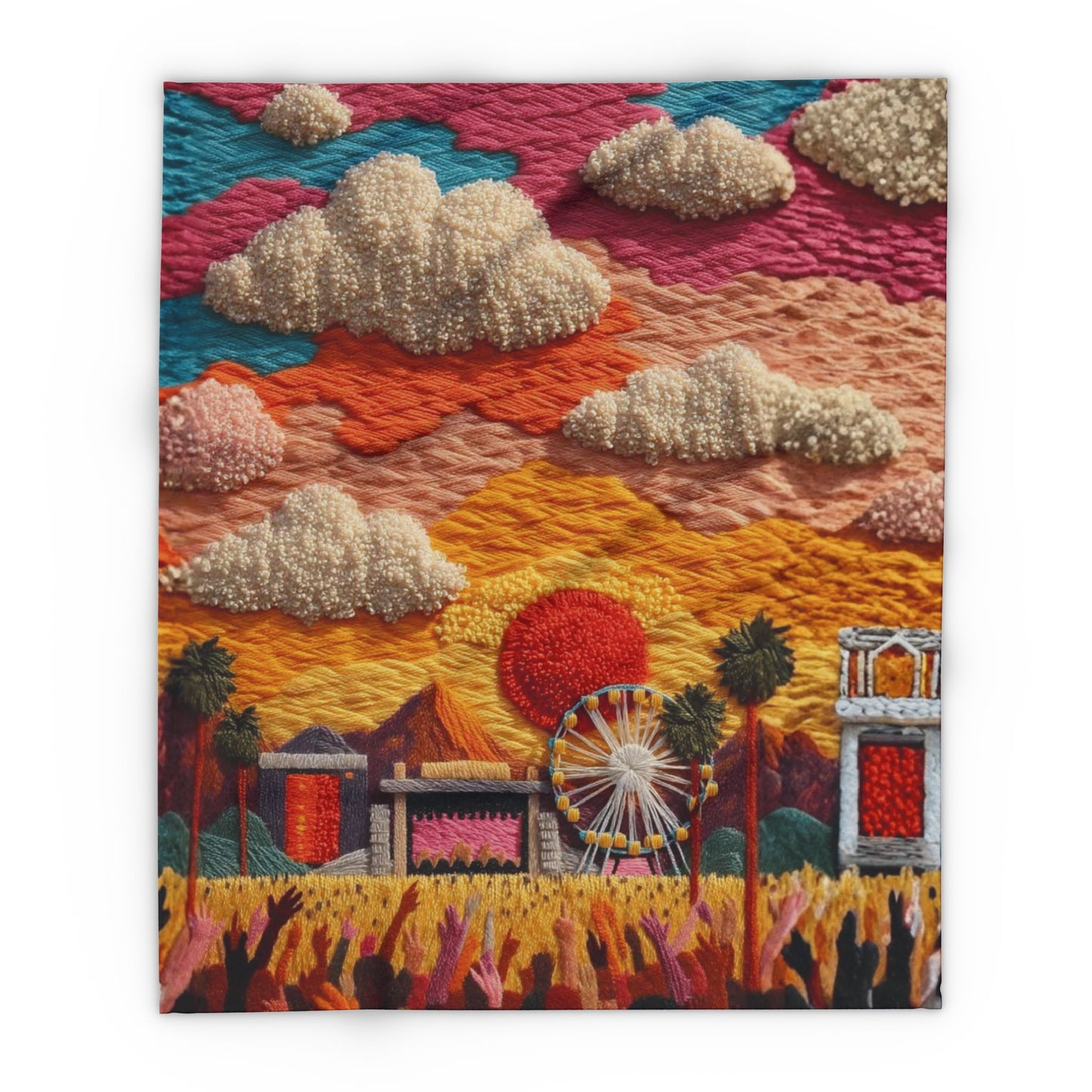 Festival Scene Fleece Blanket — Colorful Sunset Carnival Throw