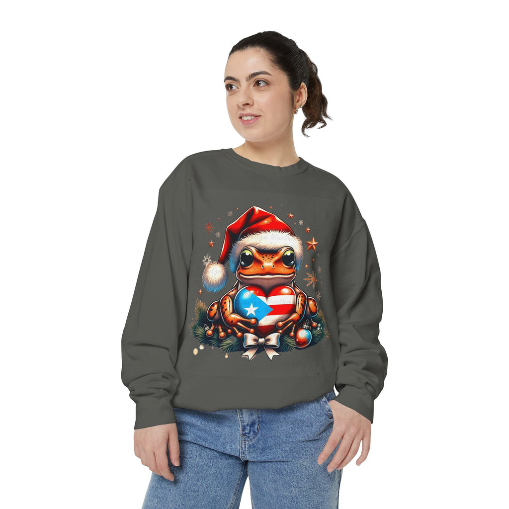 Christmas Coqui Sweatshirt — Cute Santa Frog Holding Ornament Holiday Sweater