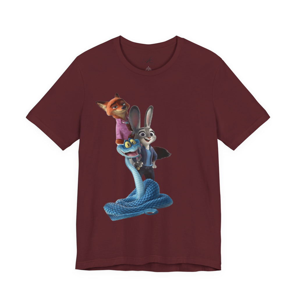 Animated Character Tee — Cute Fox & Bunny Stack Graphic T-Shirt  cartoon-style Christmas artwork