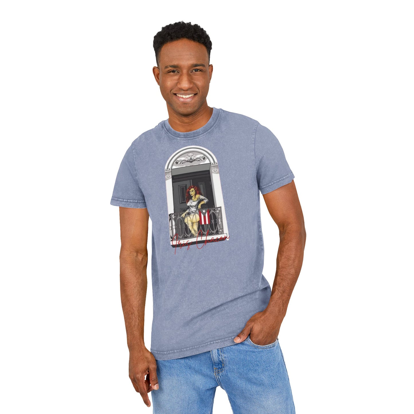 Iris Chacon Orgullo Boricua Chic Acid Washed Tee featuring Balcony Art, Stylish Casual T-Shirt, Graphic Tee for Art Lovers, Cozy Summer Top,