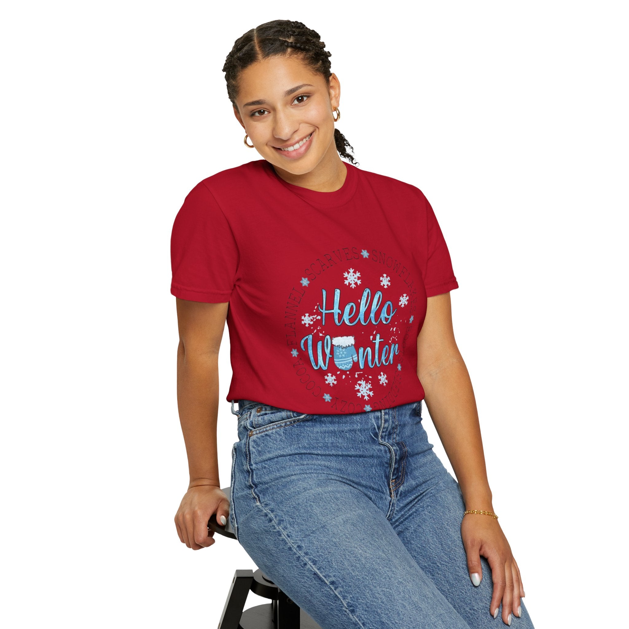 Hello Winter T‑Shirt  Cozy Snowflake Holiday Tee Christmas T-Shirts and Sweatshirts Collection