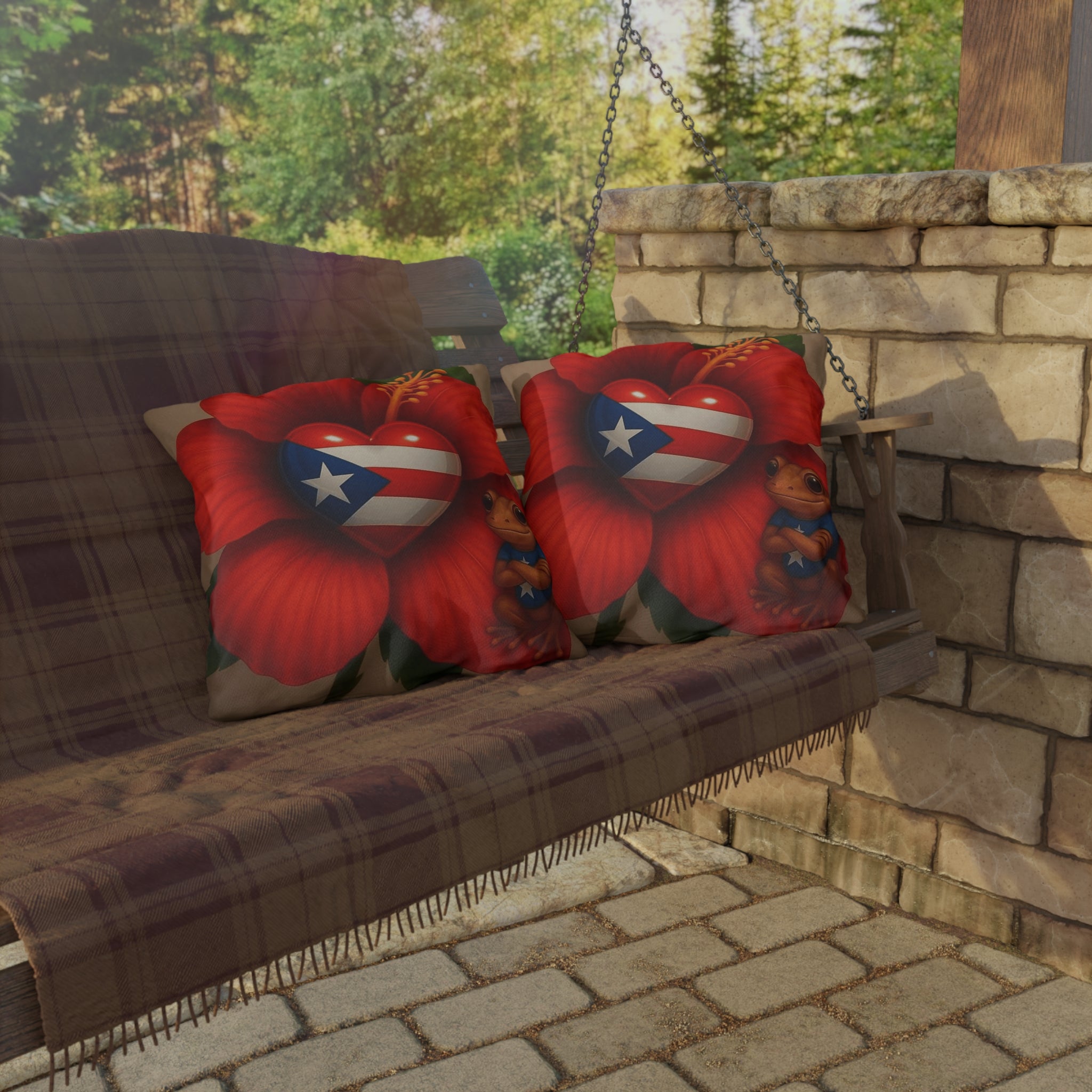 Puerto Rico Heart Flag Outdoor Pillow — Coquí & Hibiscus Patio Cushion Puerto Rico Culture Pillow