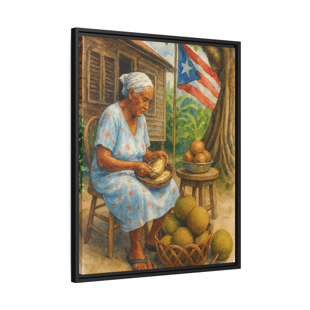 Cultural & Story-Driven These Puerto Rico inspired  Framed Matte Canvas Print  Woman Shelling Fruit Vintage Tropical Painting