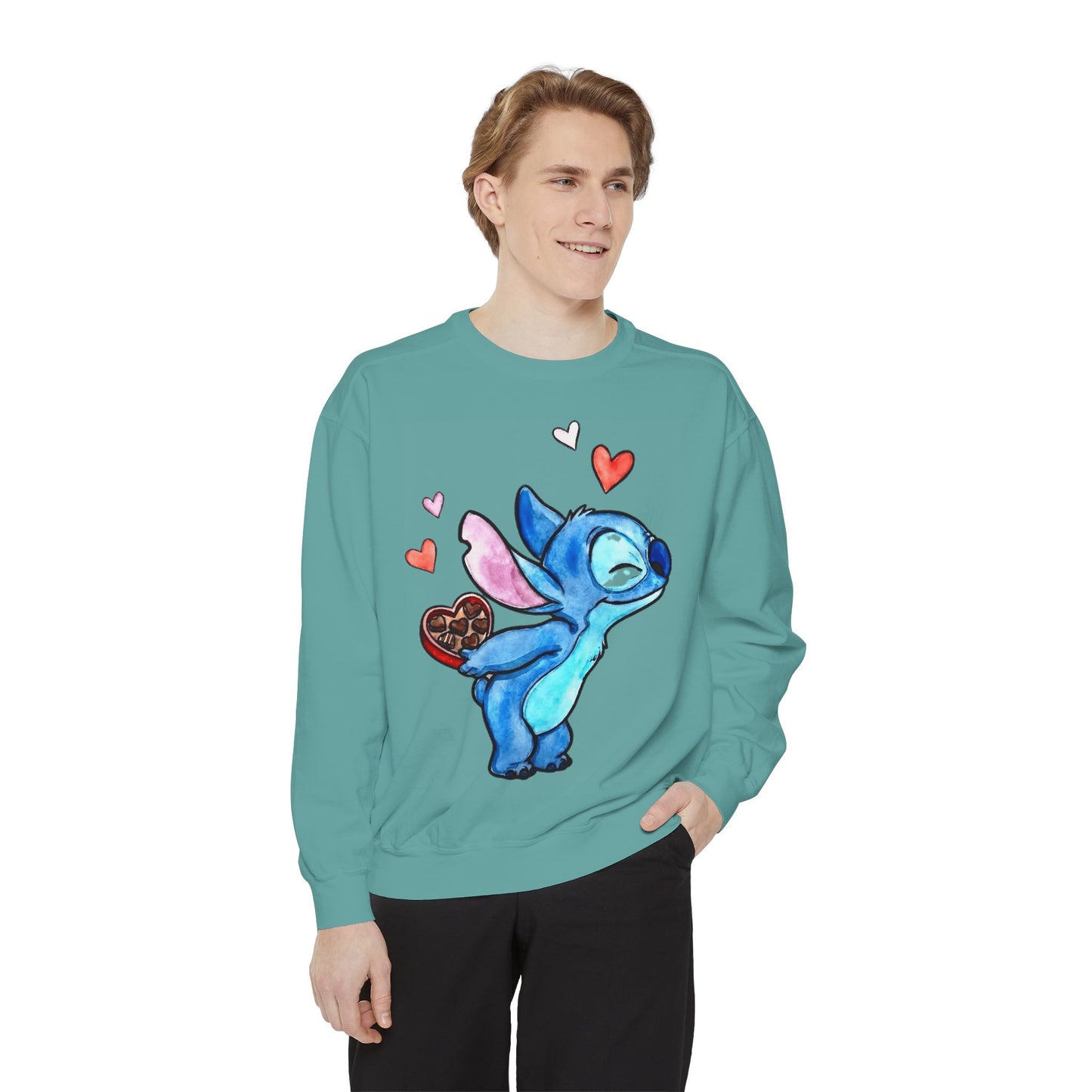 Stitch Valentine Sweatshirt — Cute Blue Alien with Hearts & Chocolate Pocket
