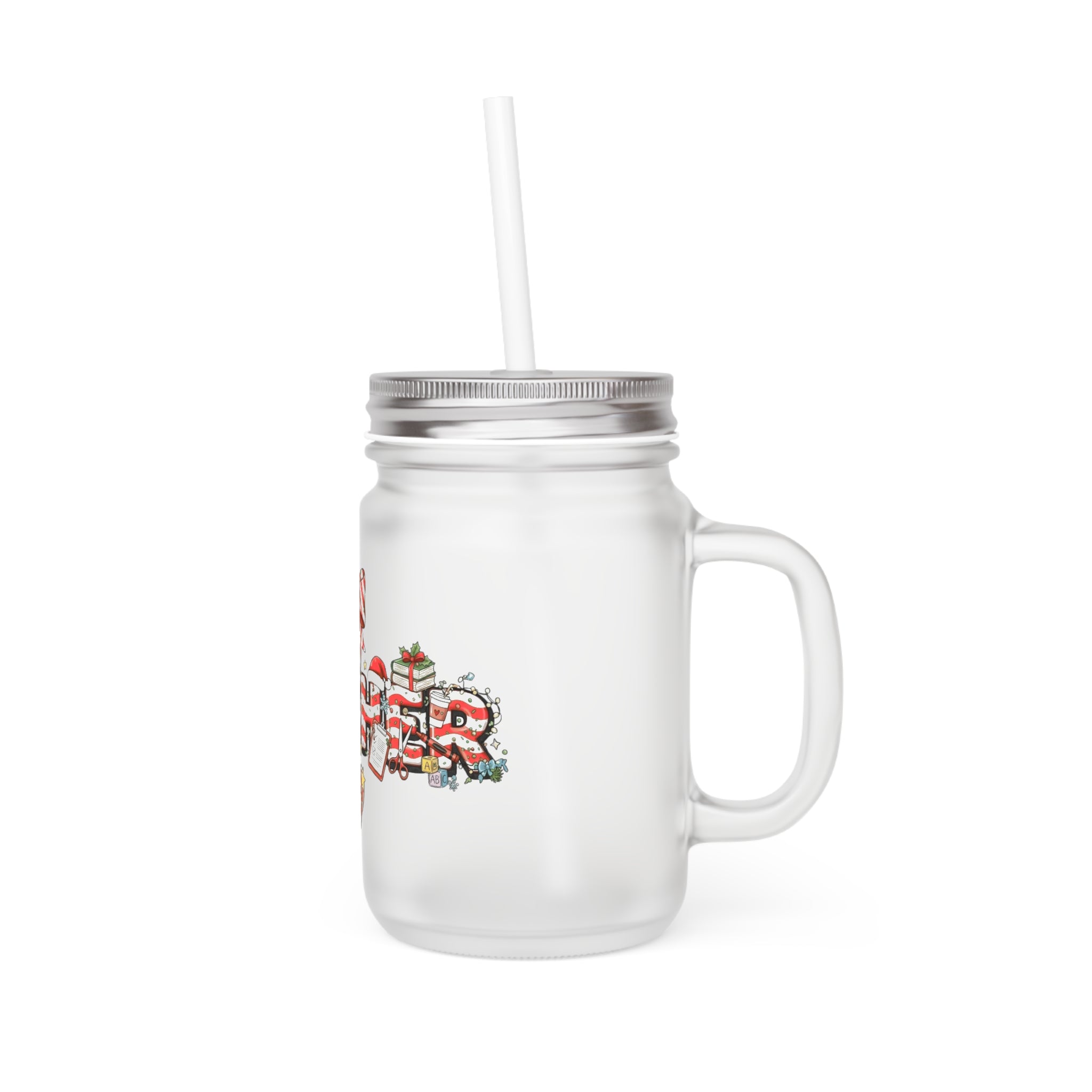 A festive Christmas Jar Tumbler for teachers who inspire hearts and minds all year long Cute Apple & Chalkboard School Design with Straw