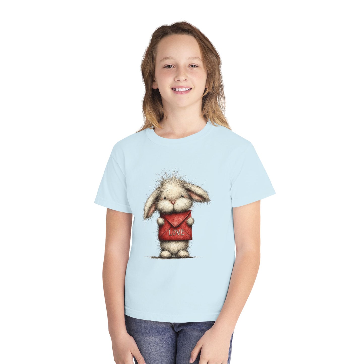 Kids Tee  Cute Bunny Holding "Love" Heart Graphic (Youth Midweight)