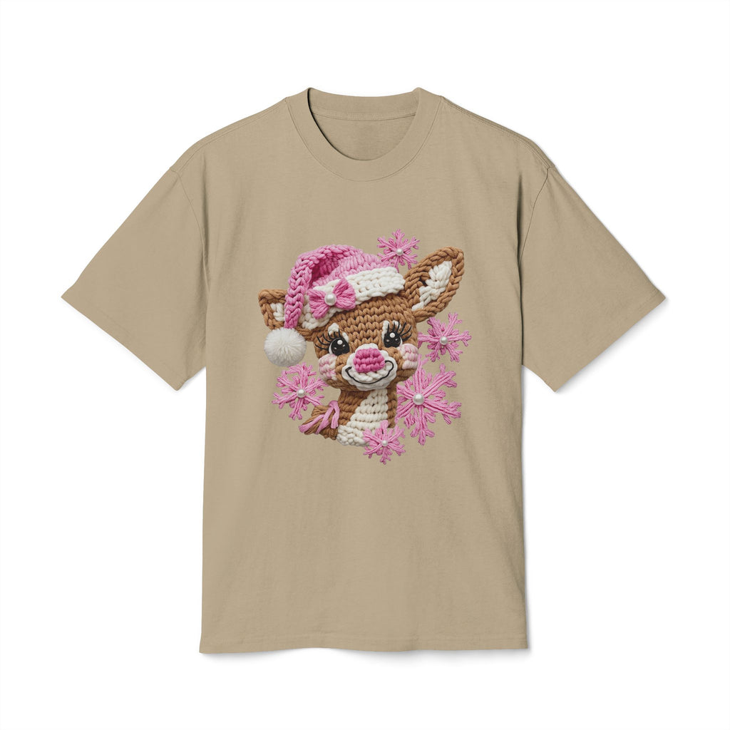 Cute Reindeer Tee — Pink Santa Hat & Snowflakes Holiday T-Shirt  cartoon-style Christmas artwork