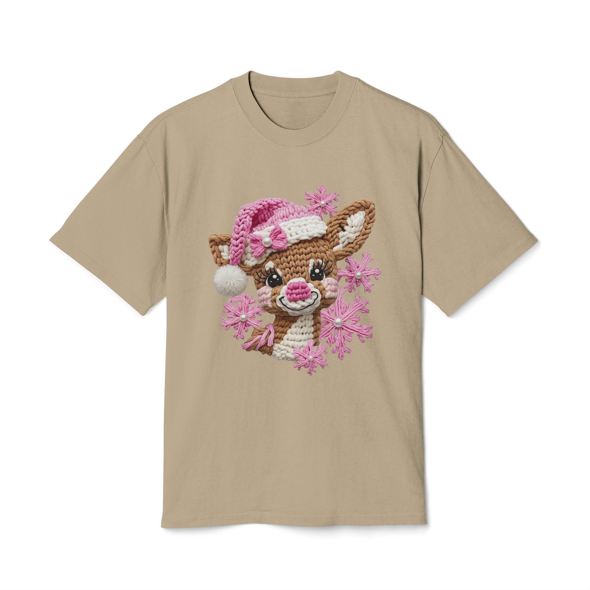 Cute Reindeer Tee — Pink Santa Hat & Snowflakes Holiday T-Shirt  cartoon-style Christmas artwork
