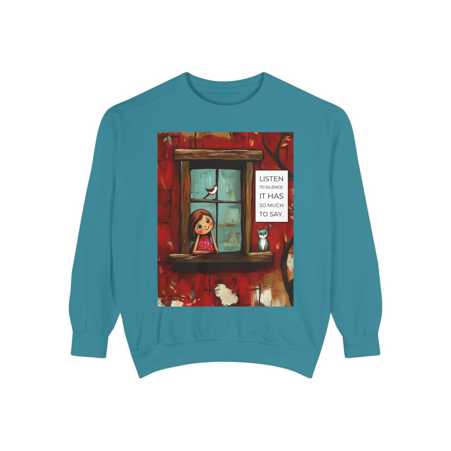 Cozy Window Scene Sweatshirt  "Listen, It Has So Much to Say" Graphic