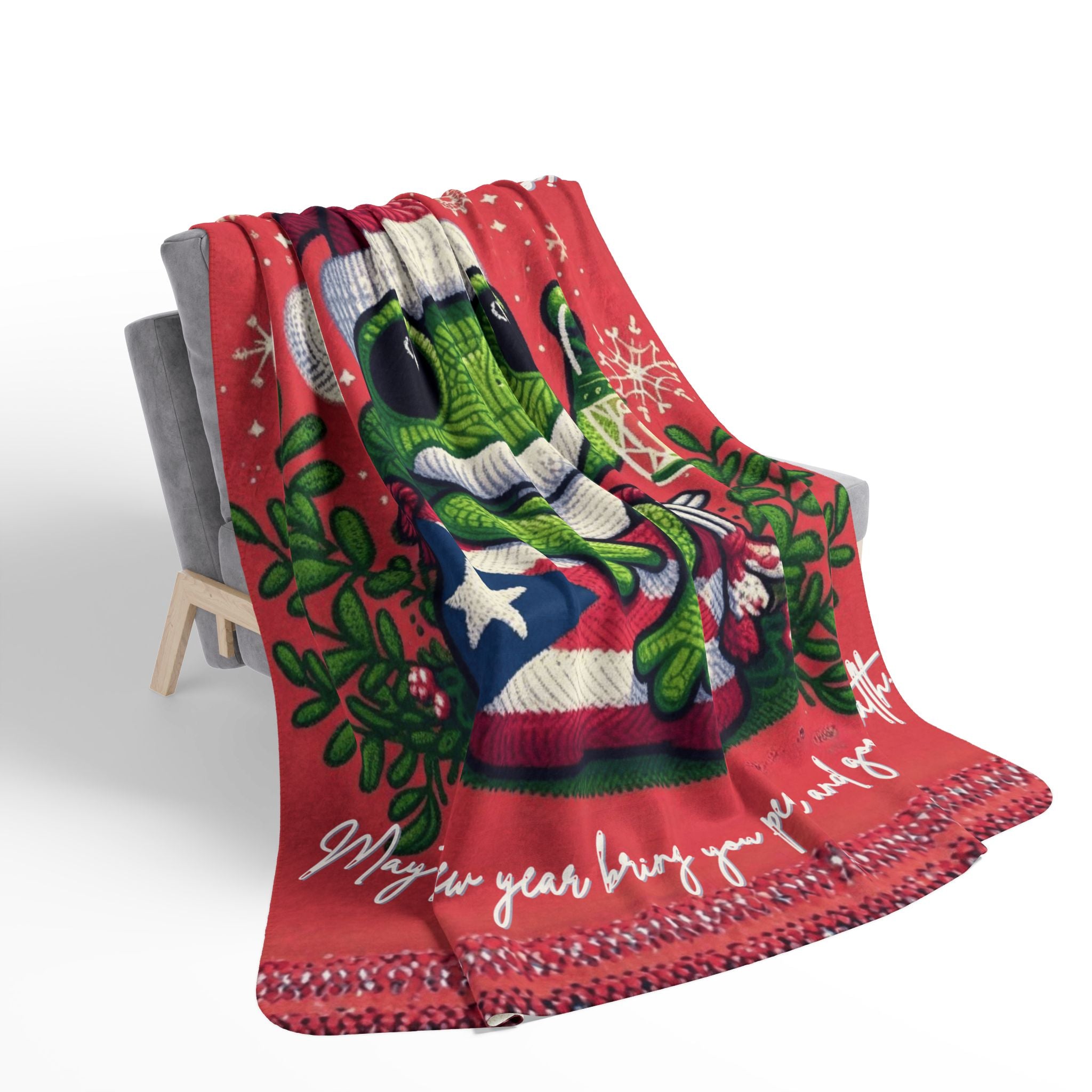 Puerto Rico Design Blanket Christmas Frog Sherpa Blanket – Holiday Cozy Throw with 'Wishing You a Joyful Christmas' Design