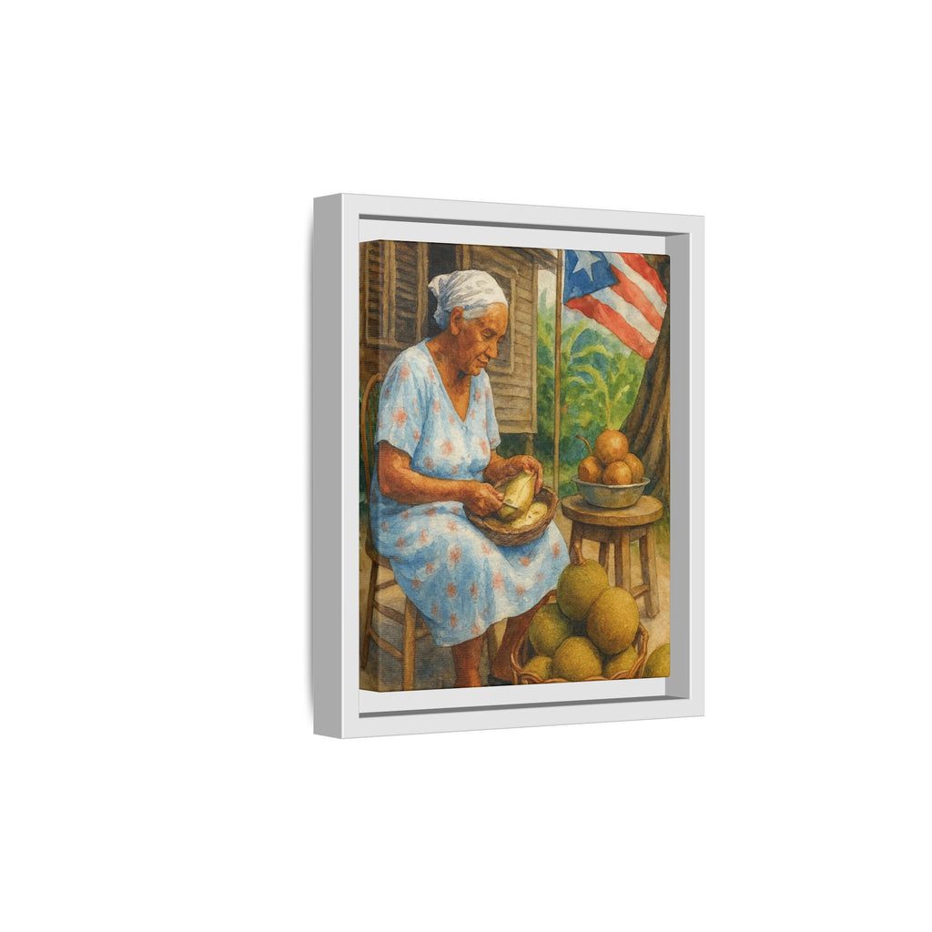 Cultural & Story-Driven These Puerto Rico inspired  Framed Matte Canvas Print  Woman Shelling Fruit Vintage Tropical Painting