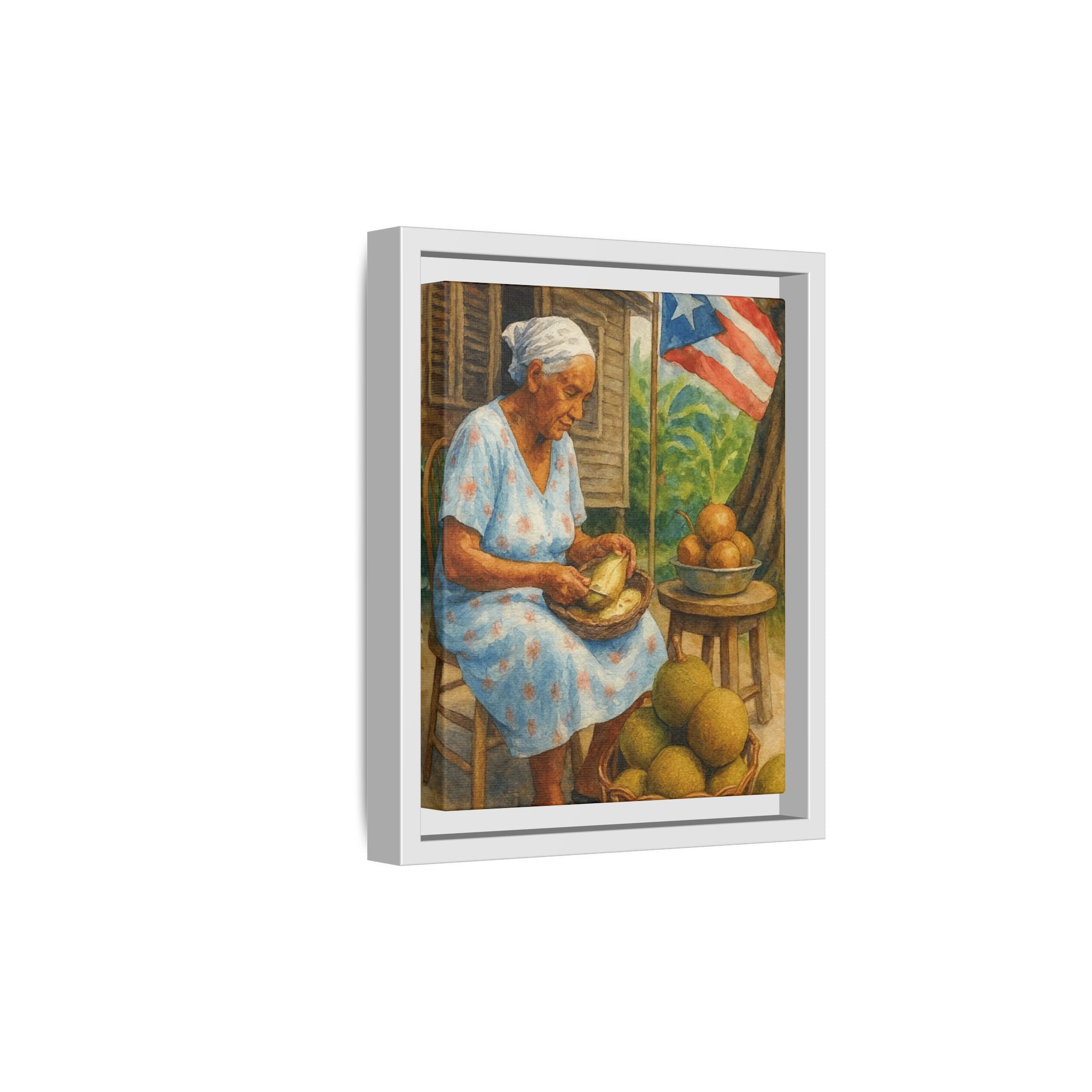 Cultural & Story-Driven These Puerto Rico inspired  Framed Matte Canvas Print  Woman Shelling Fruit Vintage Tropical Painting