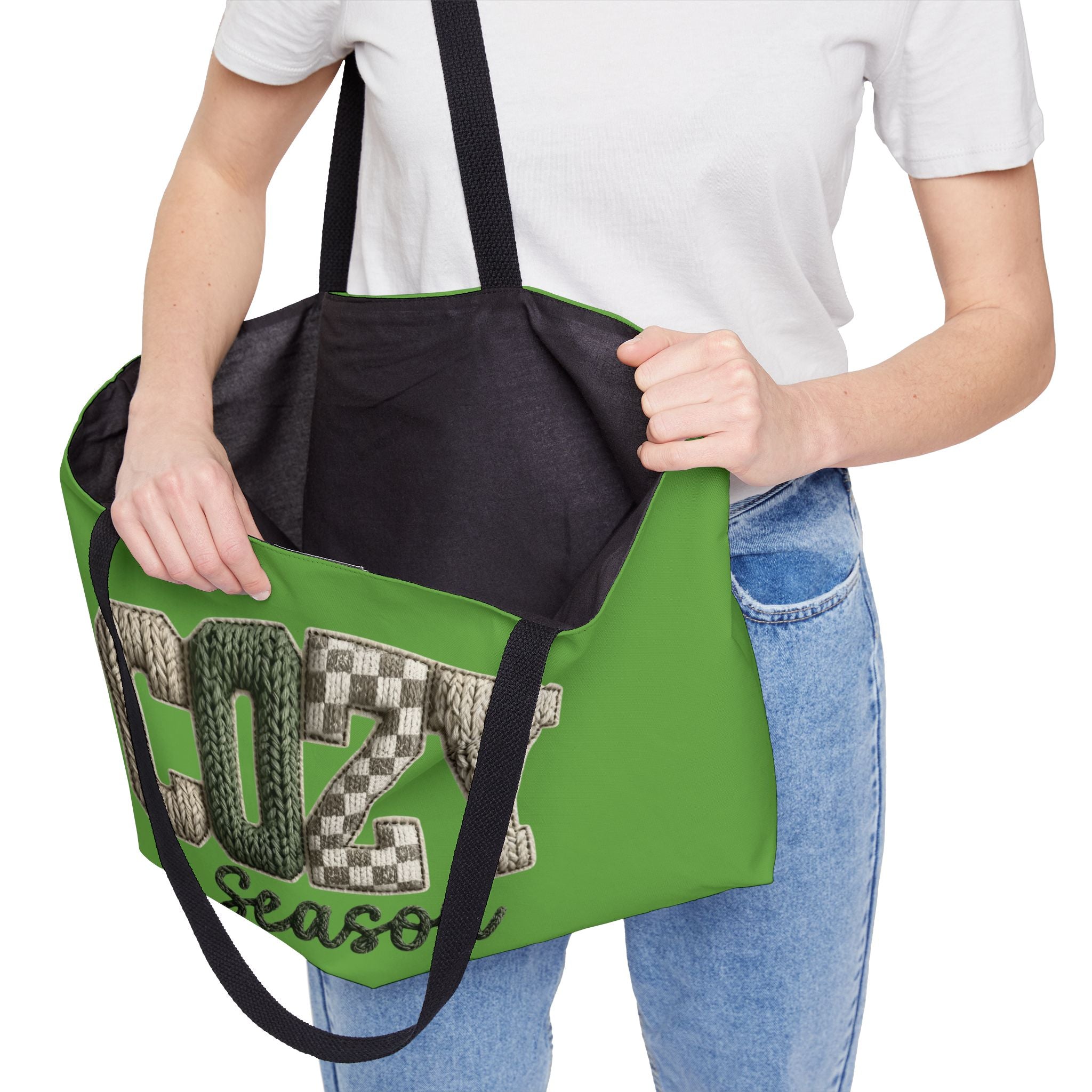 Cozy Season Weekender Tote Bag  Green Knit Lettering Travel & Weekend Carryall