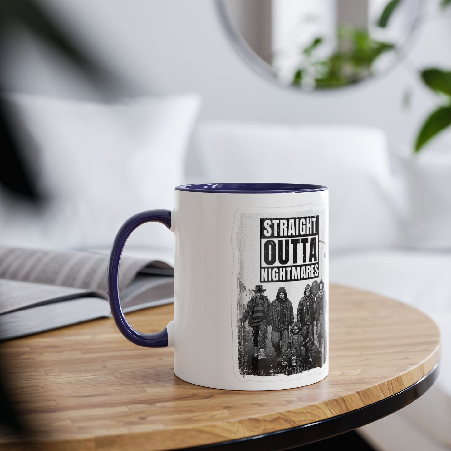 Straight Outta Nightmares Two-Tone Coffee Mug, Unique Gift for Halloween, Fun Office Decor, Red Handle Mug, Collectible Coffee Cup