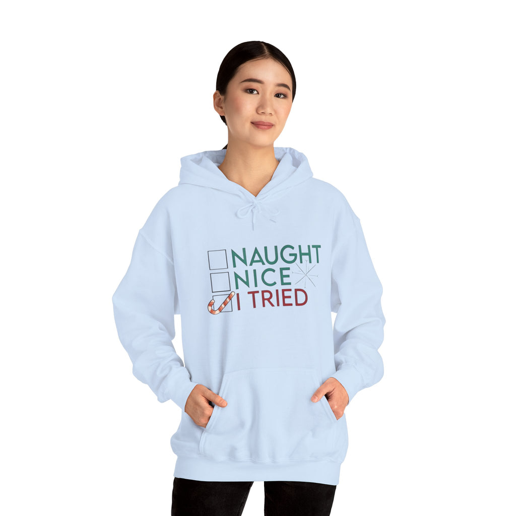 Holiday Hoodie — "Naughty, Nice, I Tried" Funny Christmas Sweatshirt