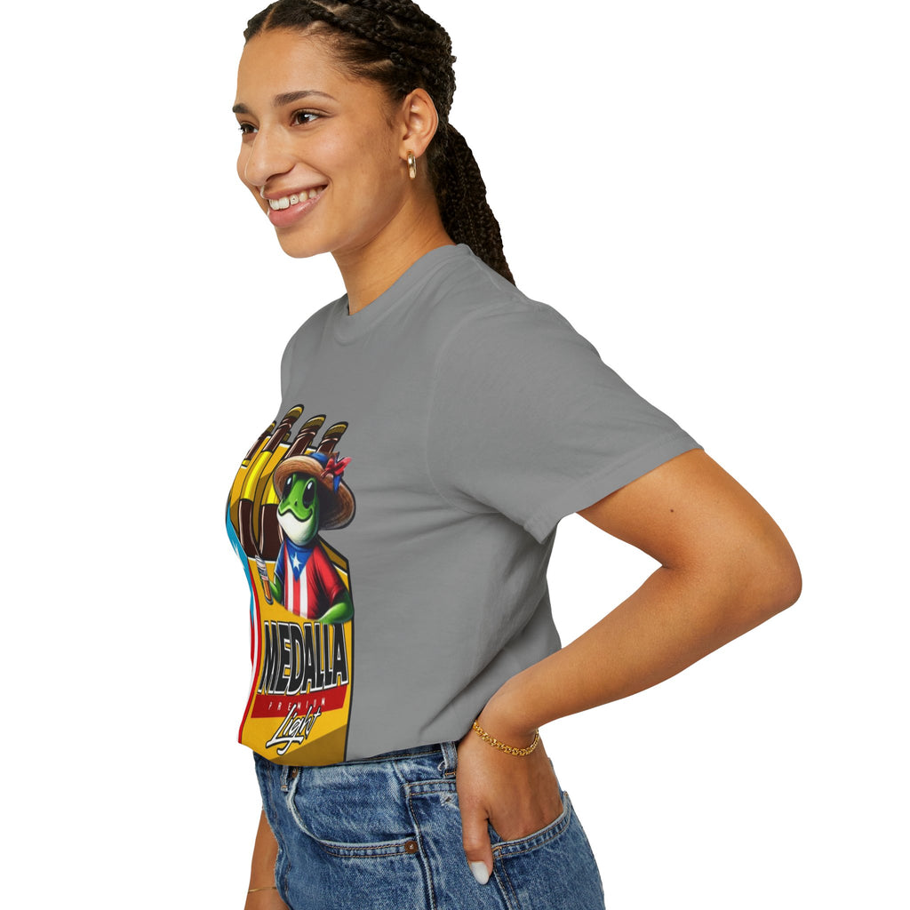 Medalla Light Puerto Rican Beer T-Shirt Coqui Frog Mascot Six-Pack Graphic Tee Puerto Rico’s Navidades