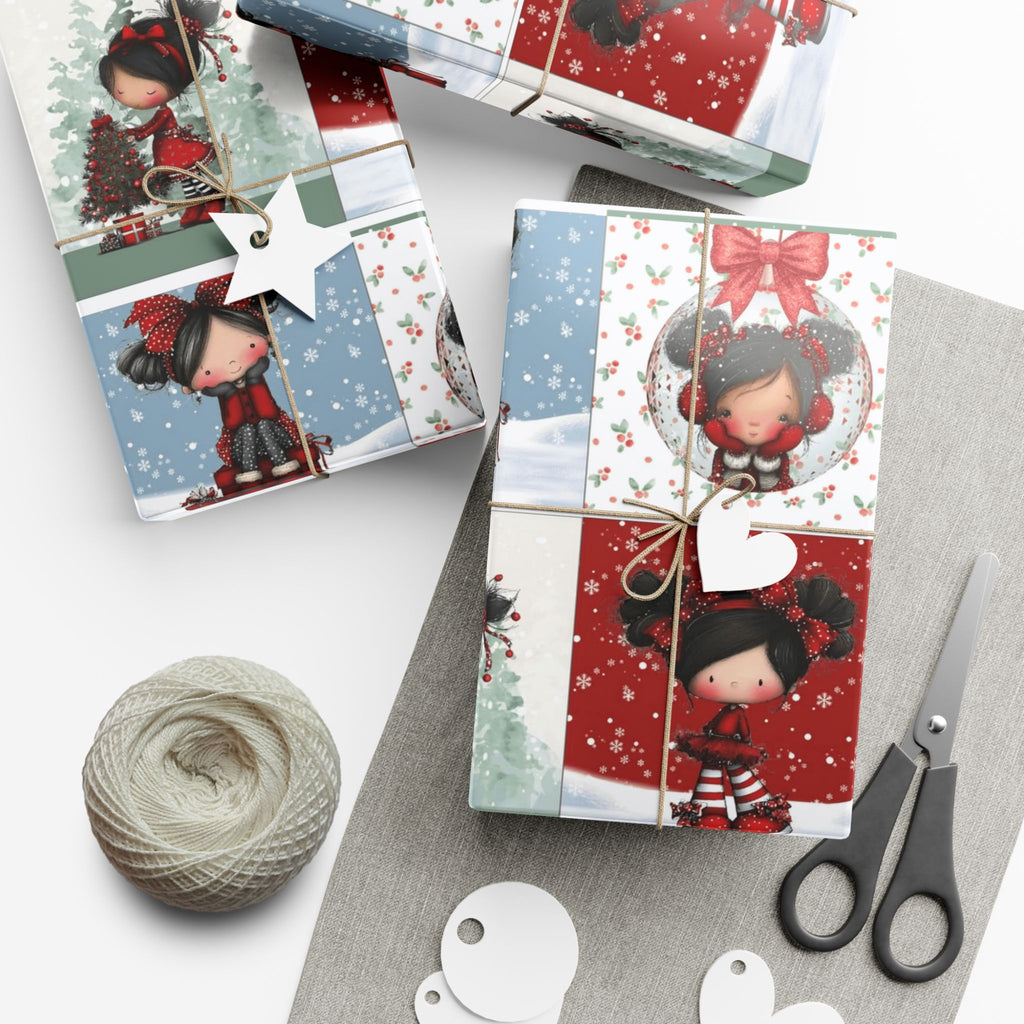 Festive Wrapping Paper Gift Wrap Papers - Cute Holiday Girl Patterned Wrapping Paper Rolls (Snow, Red Bows)