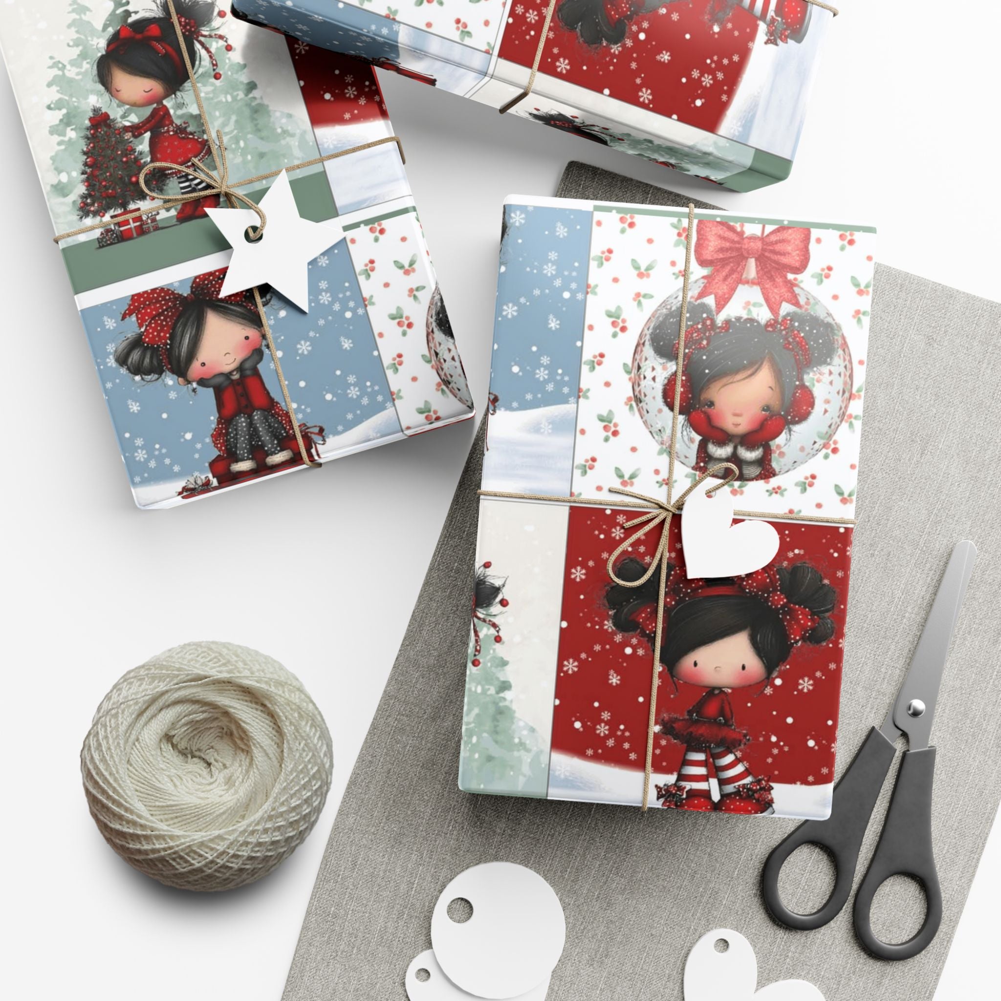 Festive Wrapping Paper Gift Wrap Papers - Cute Holiday Girl Patterned Wrapping Paper Rolls (Snow, Red Bows)