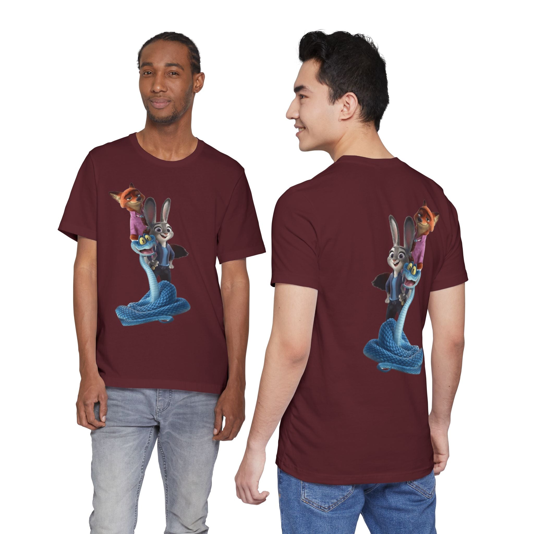 Animated Character Tee — Cute Fox & Bunny Stack Graphic T-Shirt  cartoon-style Christmas artwork