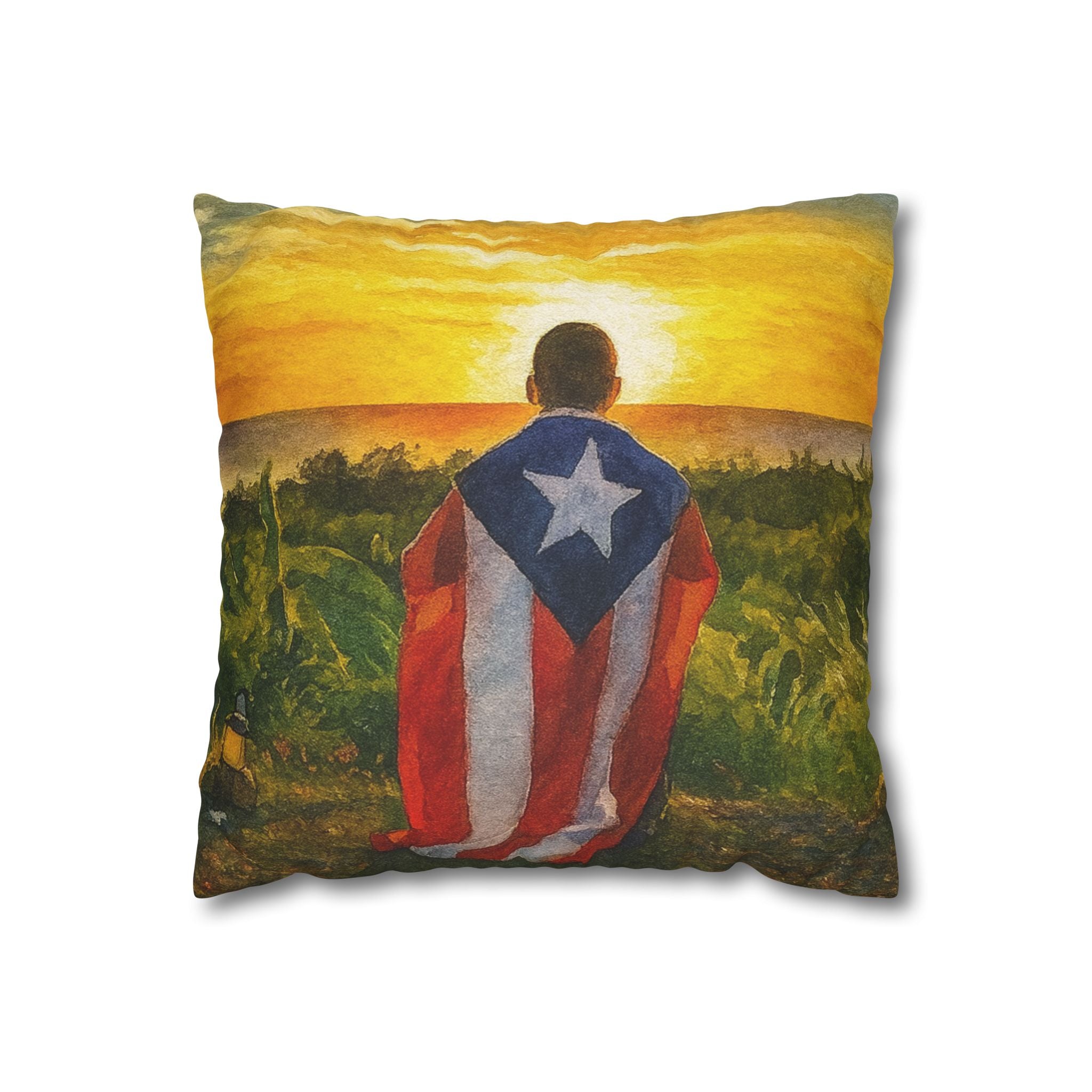 Puerto Rican Flag Sunset Pillowcase  Boy Draped in Puerto Rico Flag Decorative Throw Pillow Puerto Rico Culture Pillow