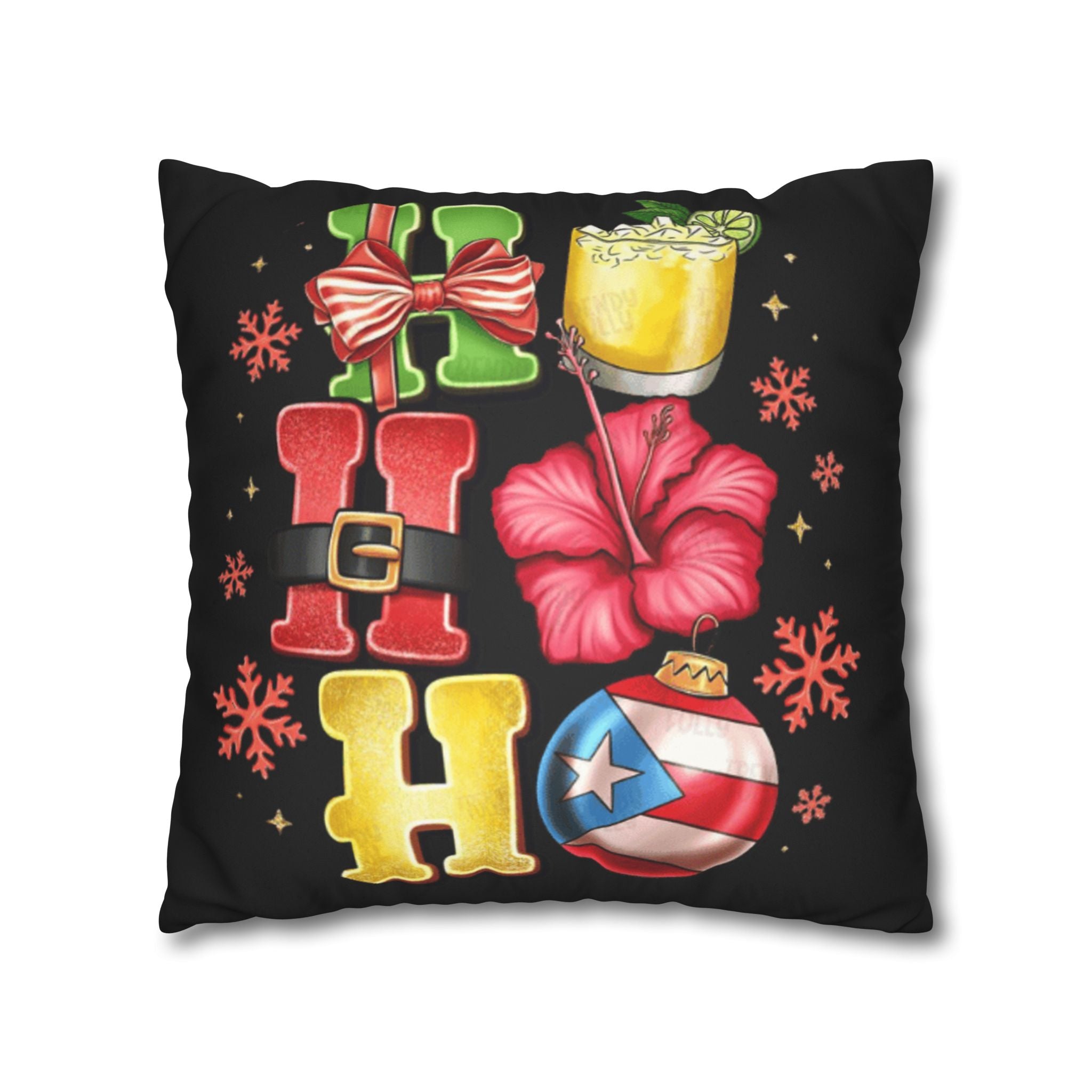 Holiday HOHO Pillow Cover  Puerto Rico Ornament, Hibiscus & Coquito Christmas Throw Pillowcase