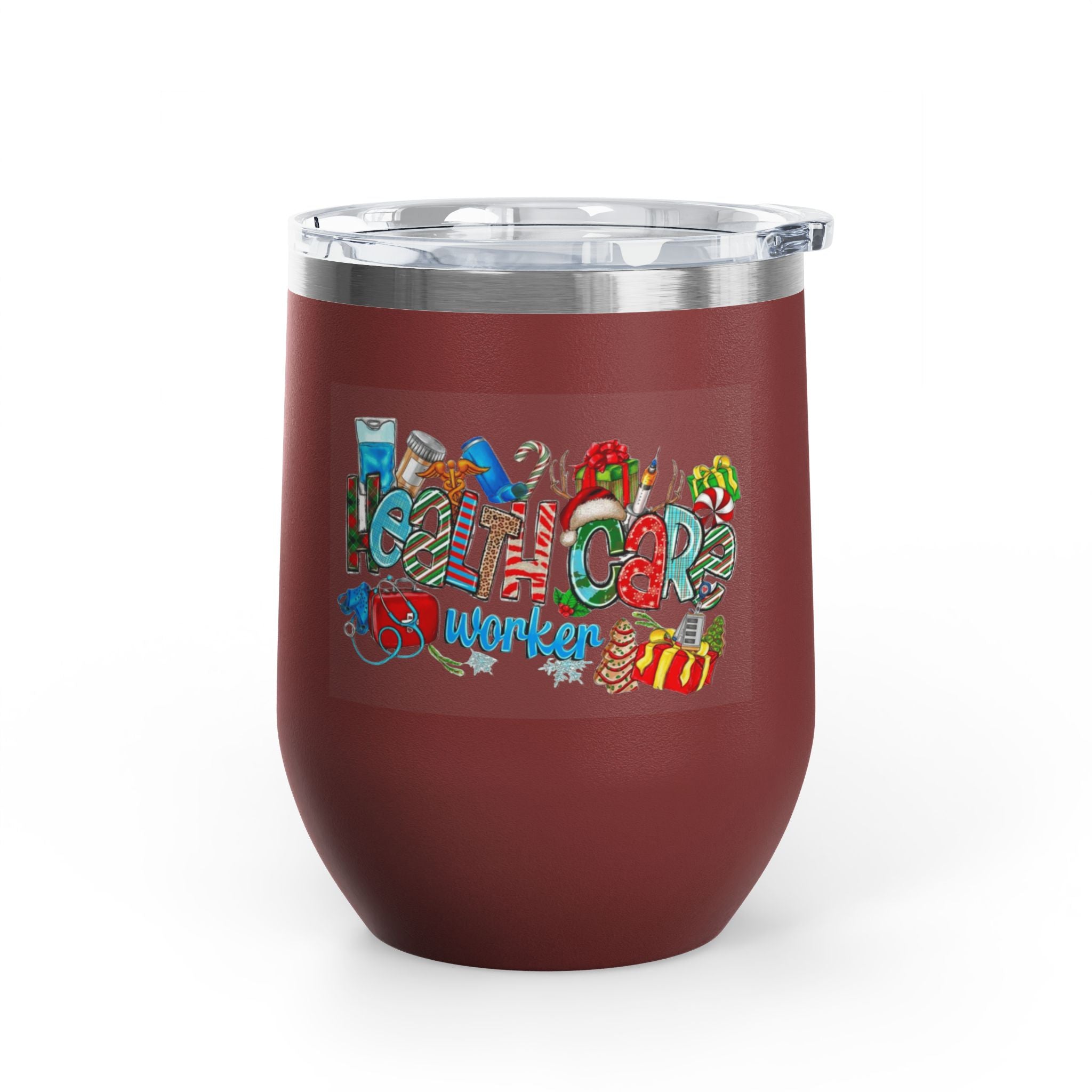 Healthcare Worker 12oz Wine Tumbler — Colorful Holiday Medical Staff Gift Medical Christmas Mug