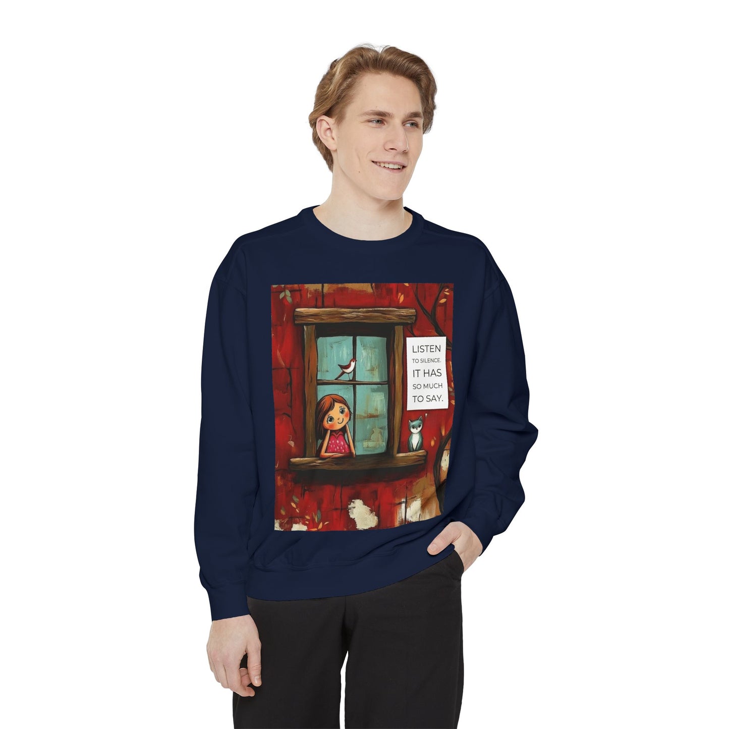 Cozy Window Scene Sweatshirt  "Listen, It Has So Much to Say" Graphic