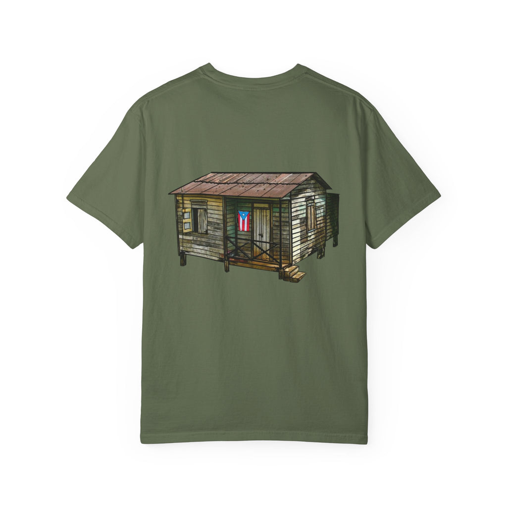 Puerto Rican Batey Cabin T-Shirt  Three Masks & Rustic House Graphic Tee Puerto Rico Navidades