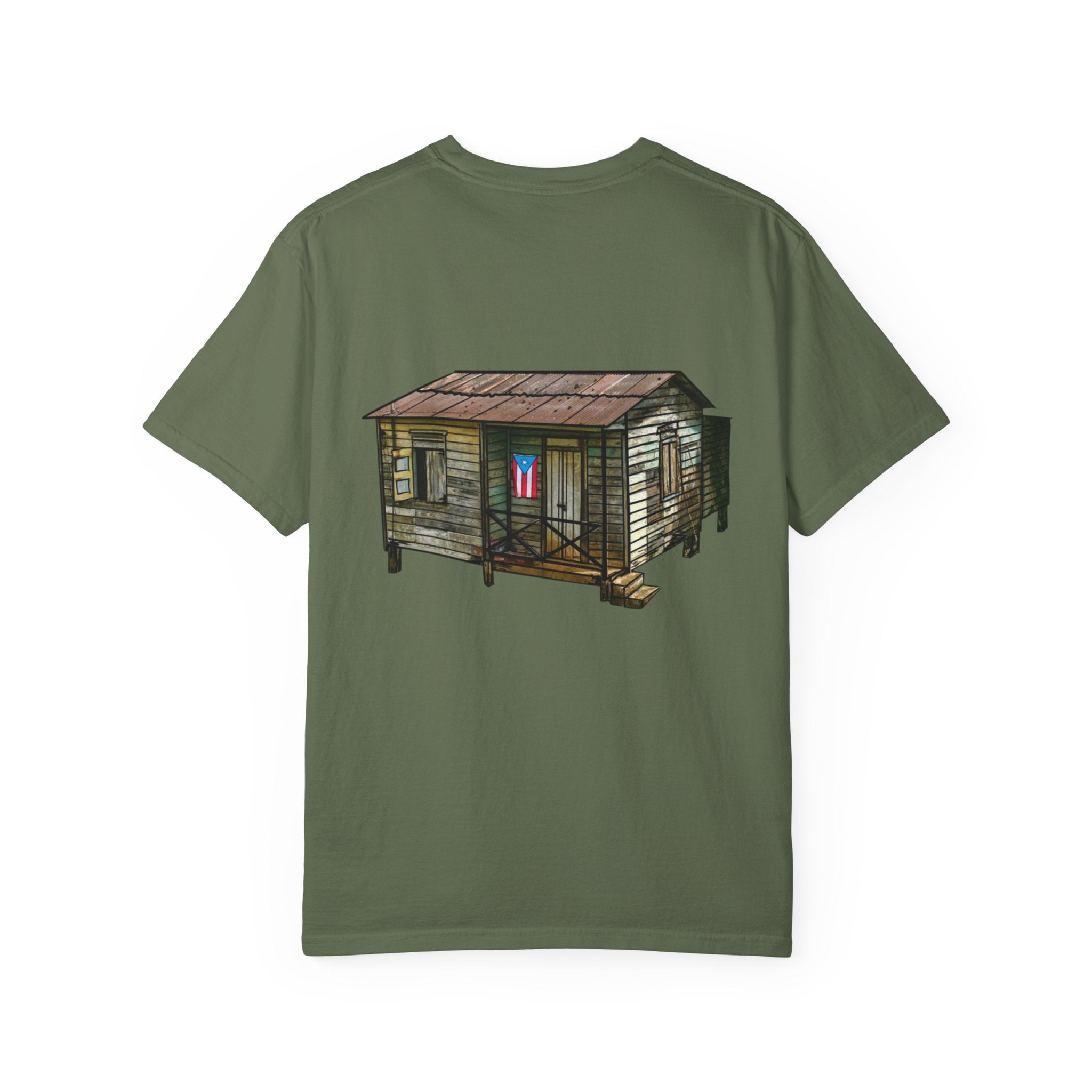 Puerto Rican Batey Cabin T-Shirt  Three Masks & Rustic House Graphic Tee Puerto Rico Navidades