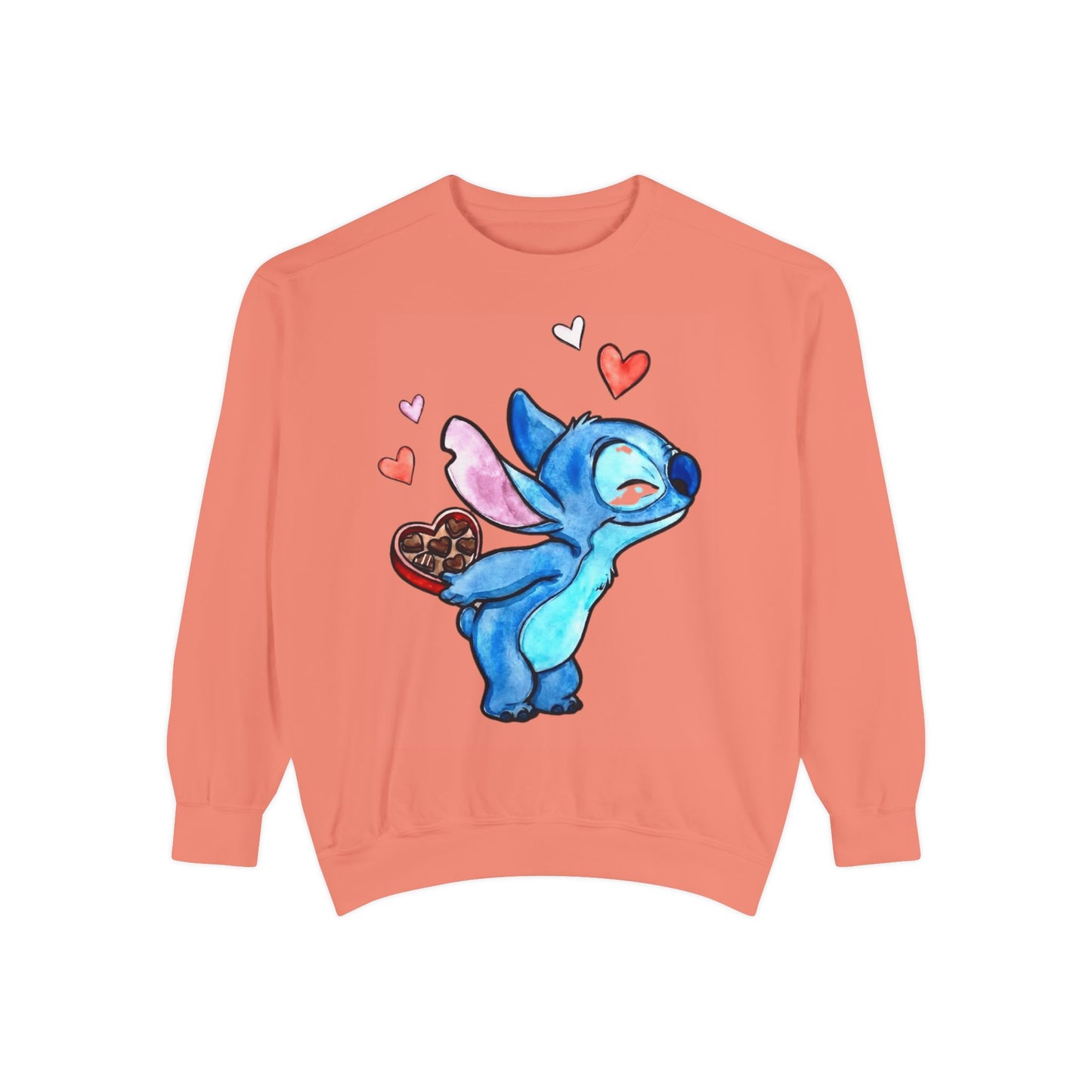 Stitch Valentine Sweatshirt — Cute Blue Alien with Hearts & Chocolate Pocket