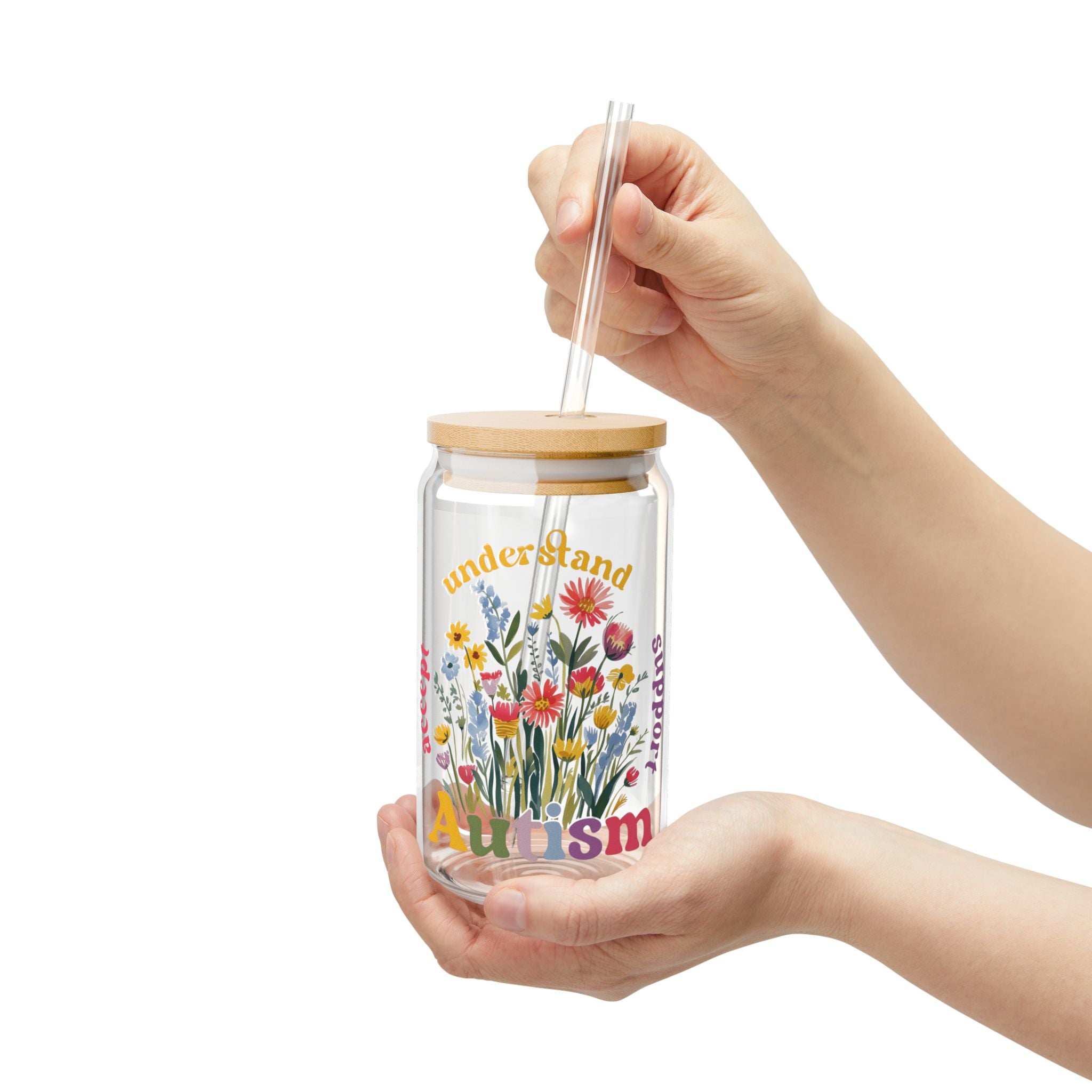 Autism Awareness & Pride Collection Floral Autism Awareness Sipper Glass - 16oz with Bamboo Lid
