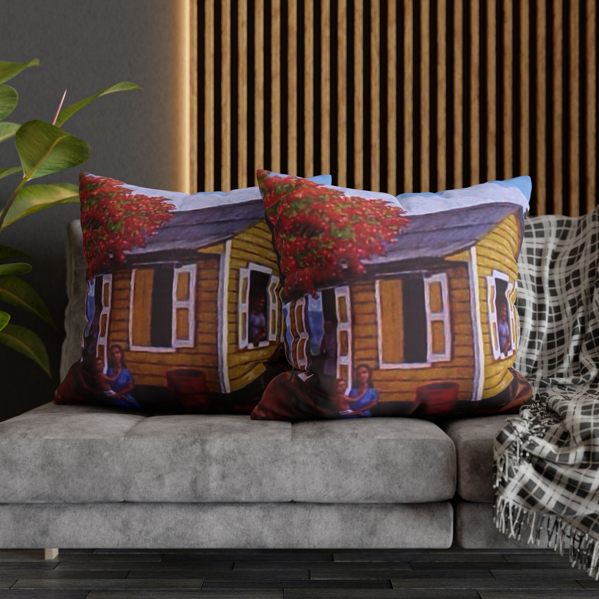 Puerto Rico Culture Pillow Cozy Cottage Canvas Pillow  Yellow House Decorative Throw Pillowcase