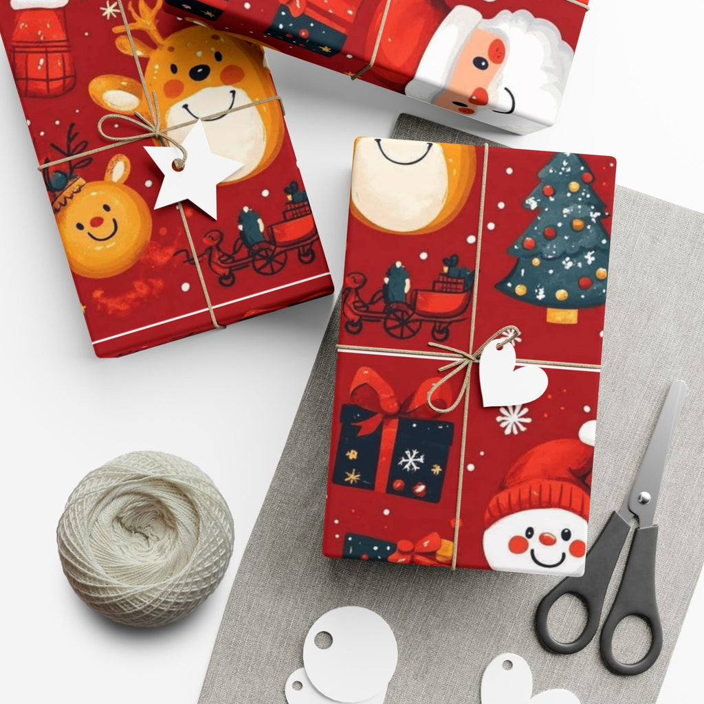 Christmas Wrapping Paper - Santa, Snowman & Reindeer Holiday Gift Wrap Festive Wrapping Paper