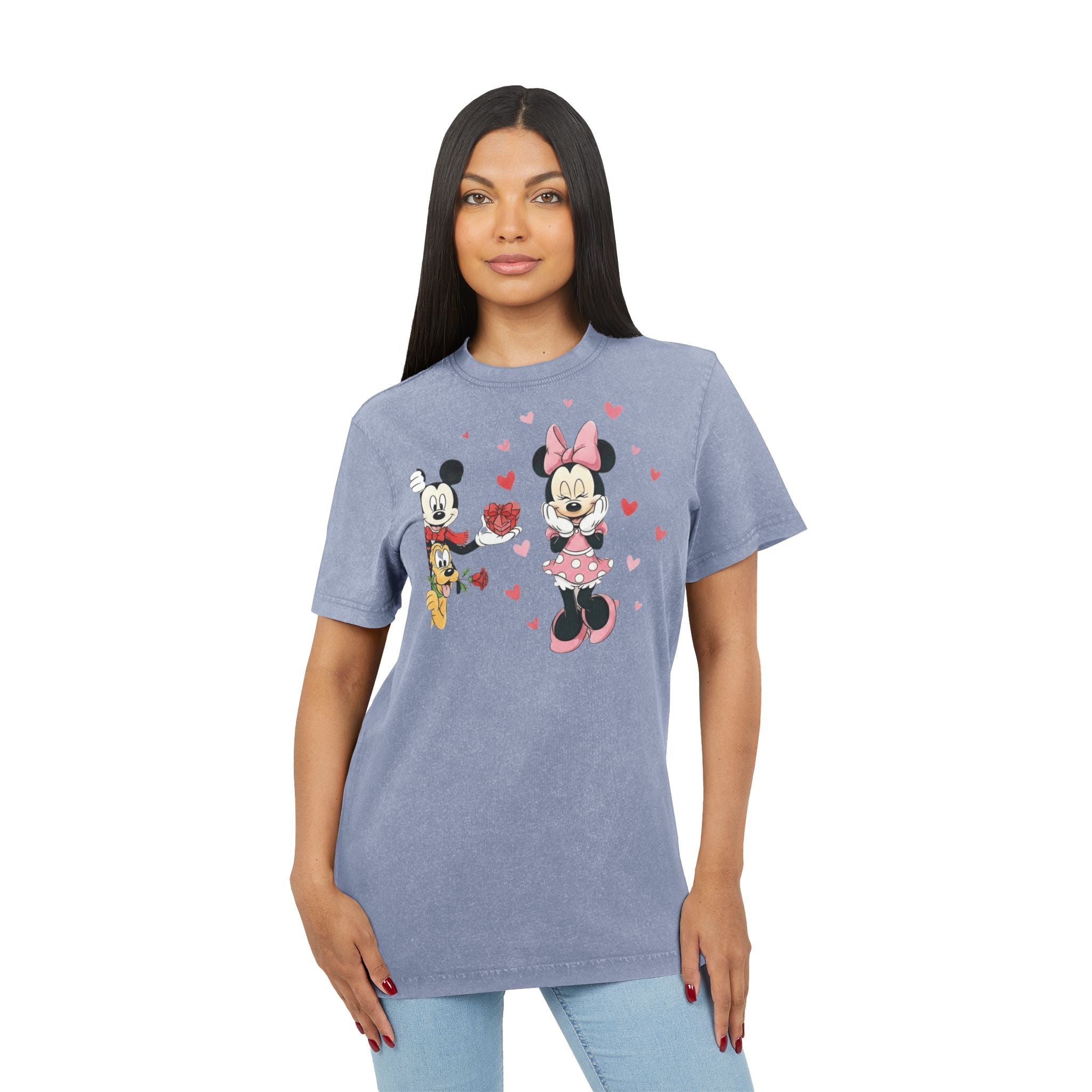 Vintage Acid-Wash Tee — Cute Cartoon Couple with Hearts