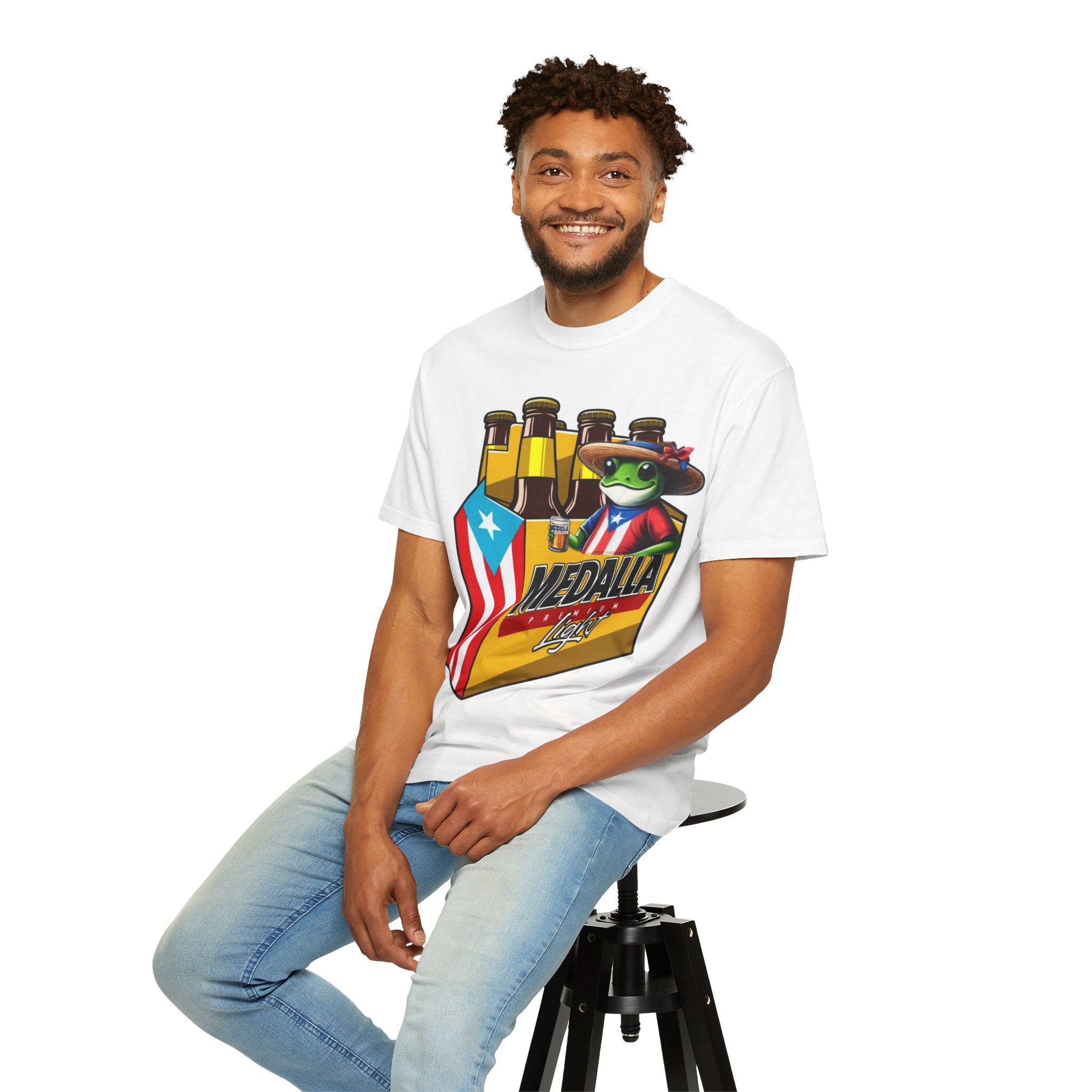 Medalla Light Puerto Rican Beer T-Shirt Coqui Frog Mascot Six-Pack Graphic Tee Puerto Rico’s Navidades