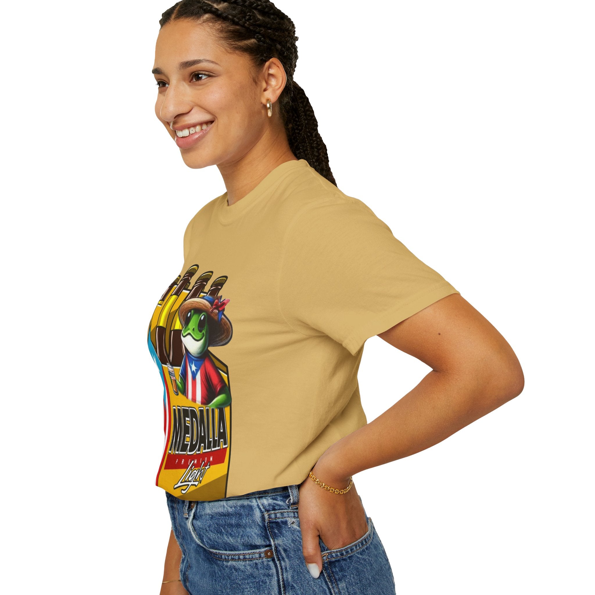 Medalla Light Puerto Rican Beer T-Shirt Coqui Frog Mascot Six-Pack Graphic Tee Puerto Rico’s Navidades