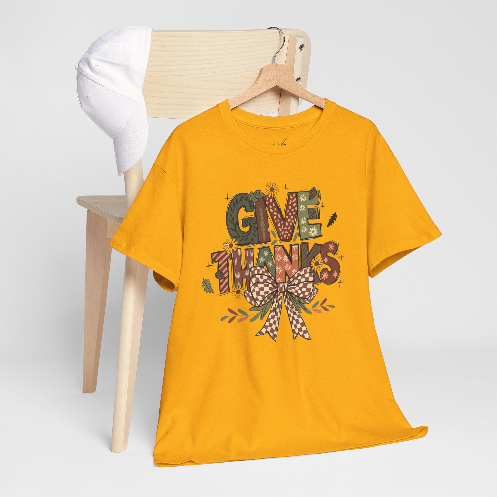 Give Thanks Tee Thanksgiving Graphic T-Shirt with Rustic Bow Design
