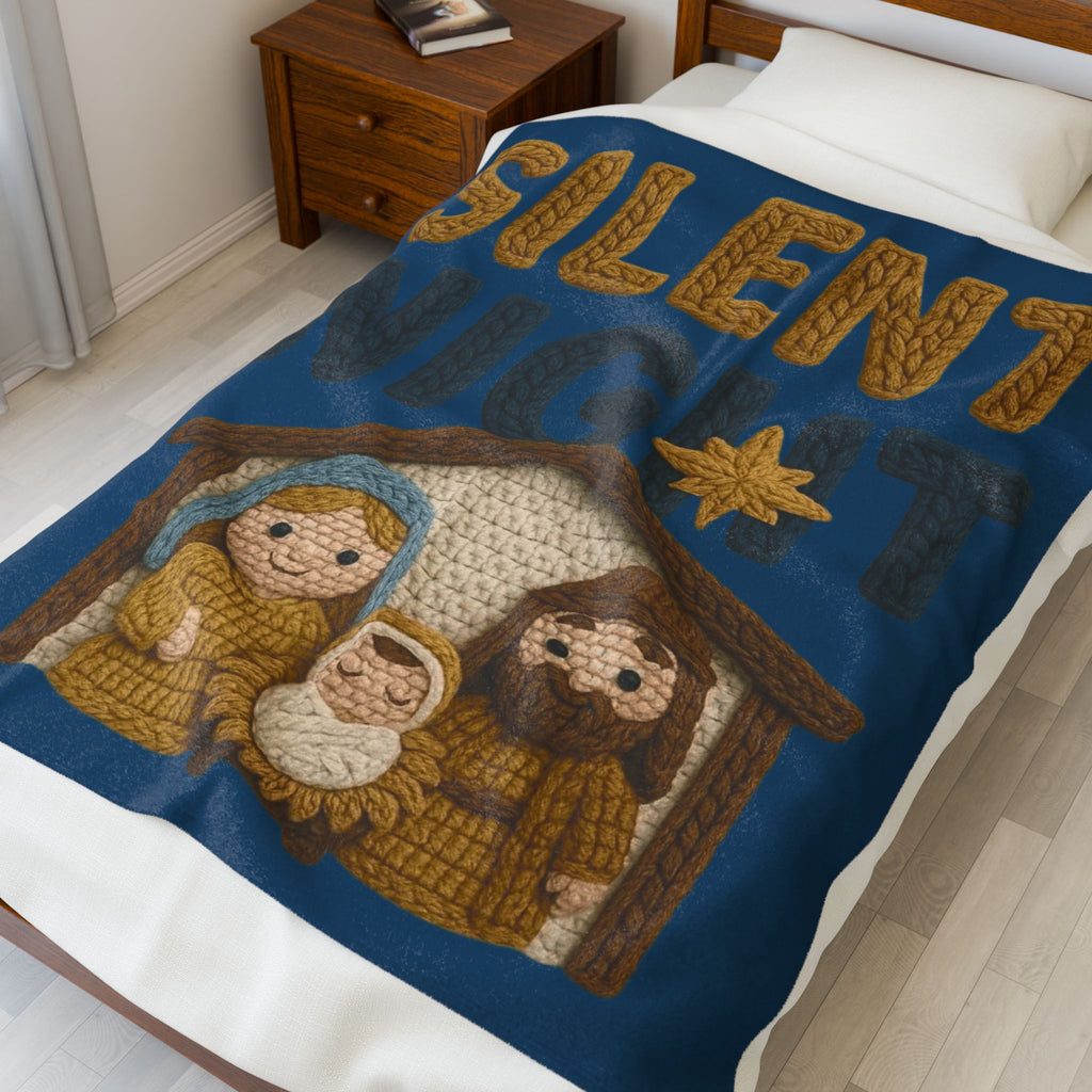 Silent Night Nativity Velveteen Plush Blanket  Cozy Christmas Baby Jesus Manger Throw