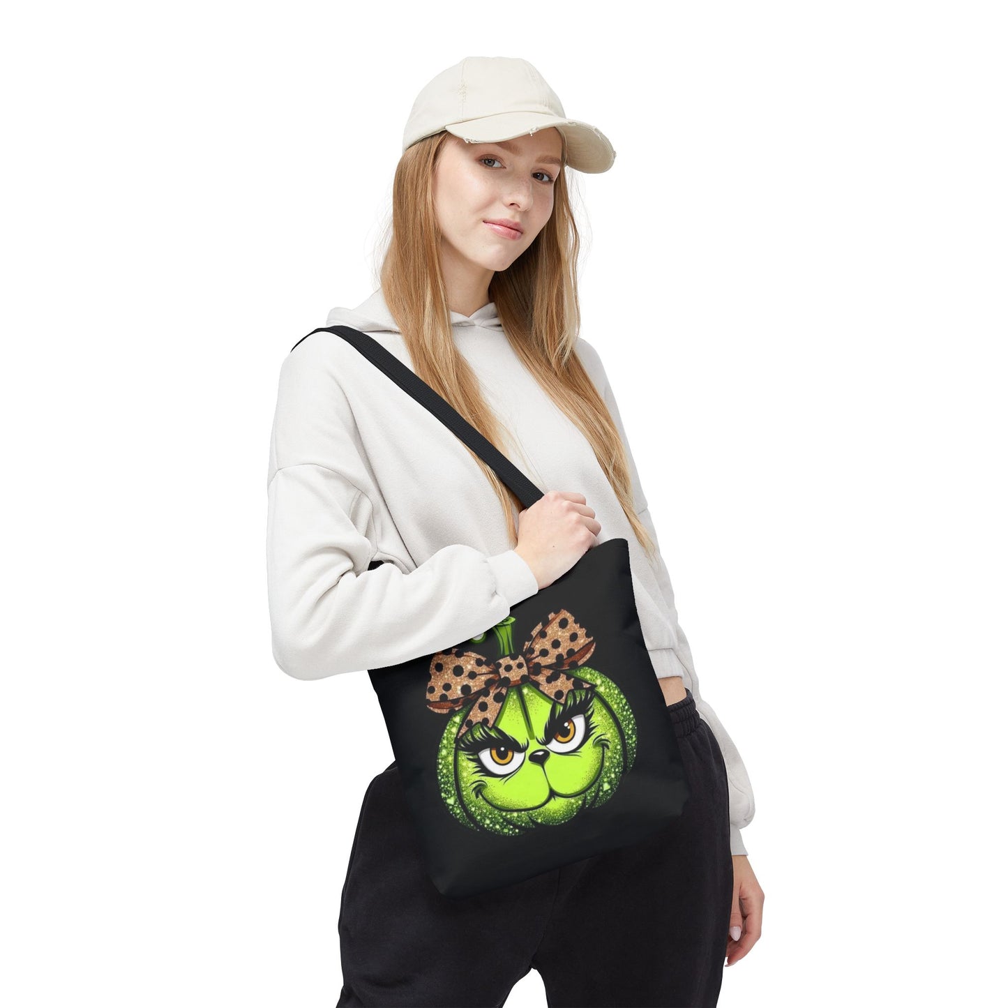 Grinch-Inspired Tote Bag with Polka Dot Bow Christmas Tote Bag Festive Holiday Design