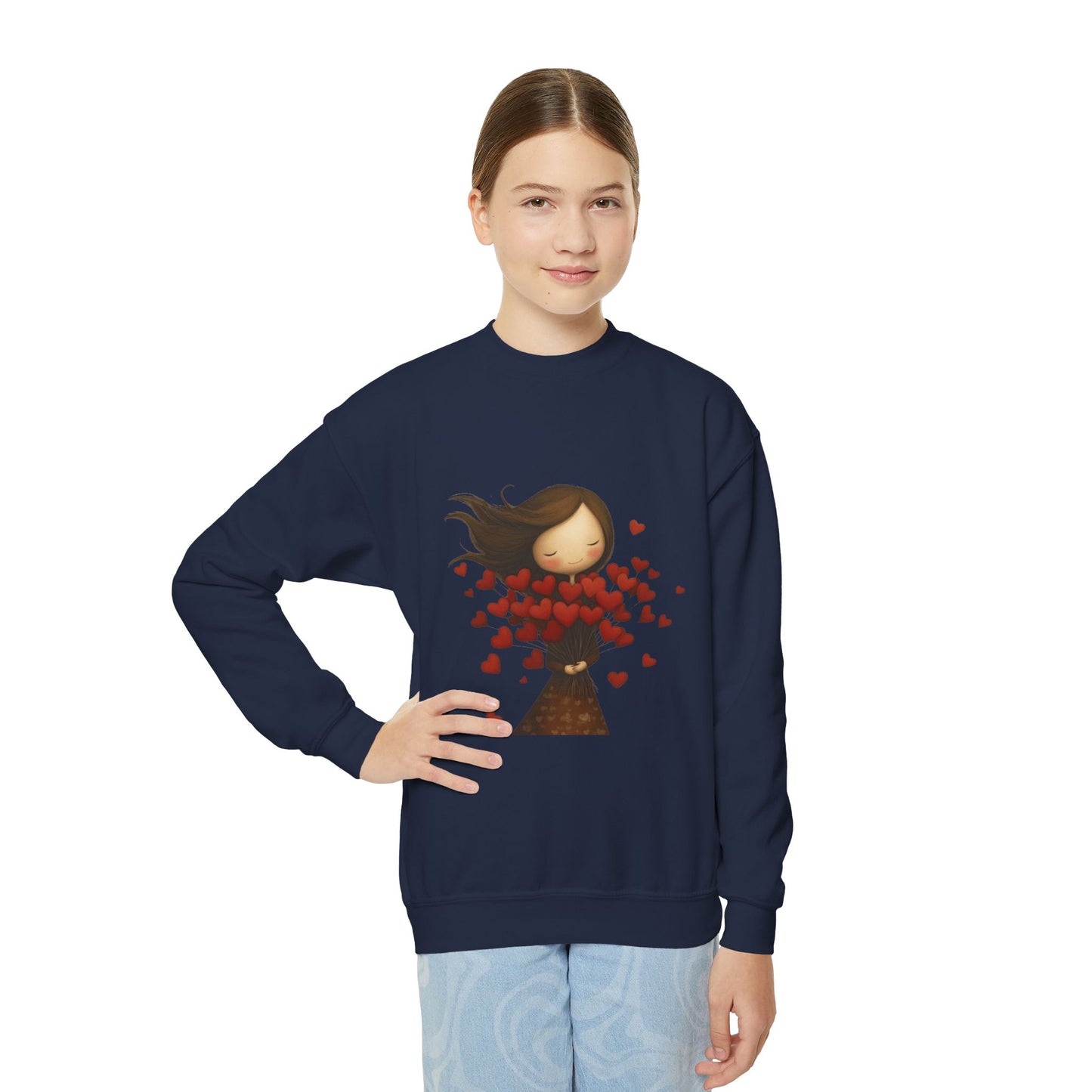 Youth Sweatshirt  Cute Girl with Heart Shower "Love Bug" Crewneck