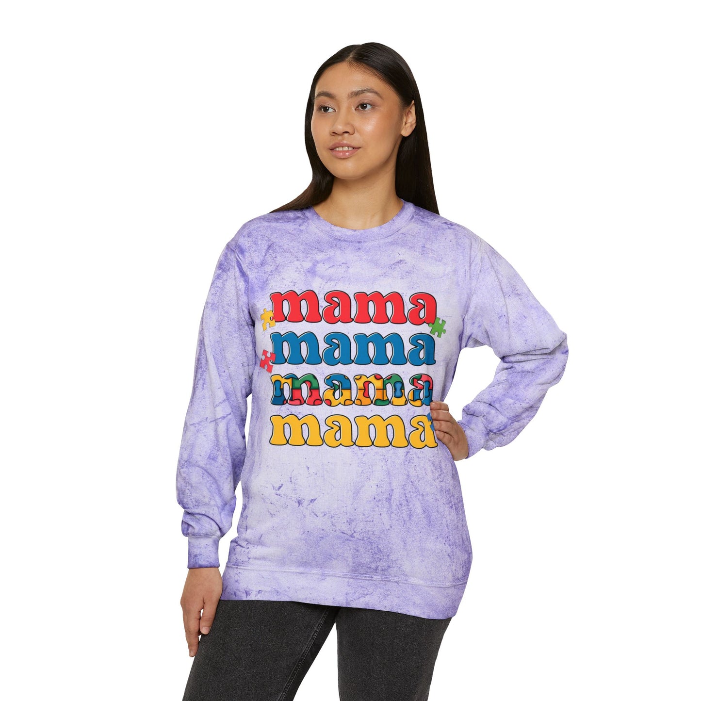 Autism Awareness & Pride Collection Mama Color Blast Crewneck Sweatshirt - Unisex Tie-Dye Style