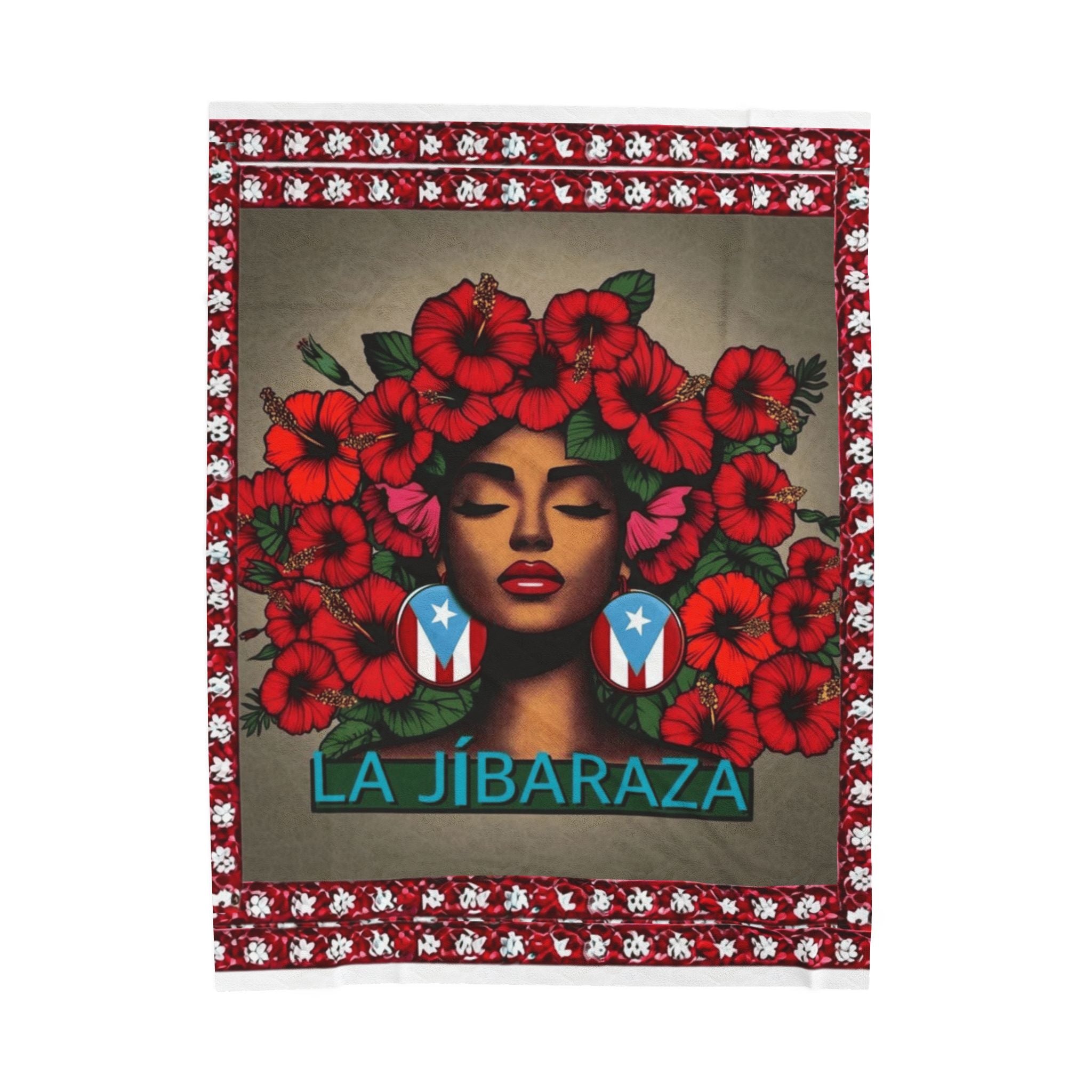 La Jíbaraza Velveteen Plush Blanket  Puerto Rican Floral Afro-Latina Portrait Throw