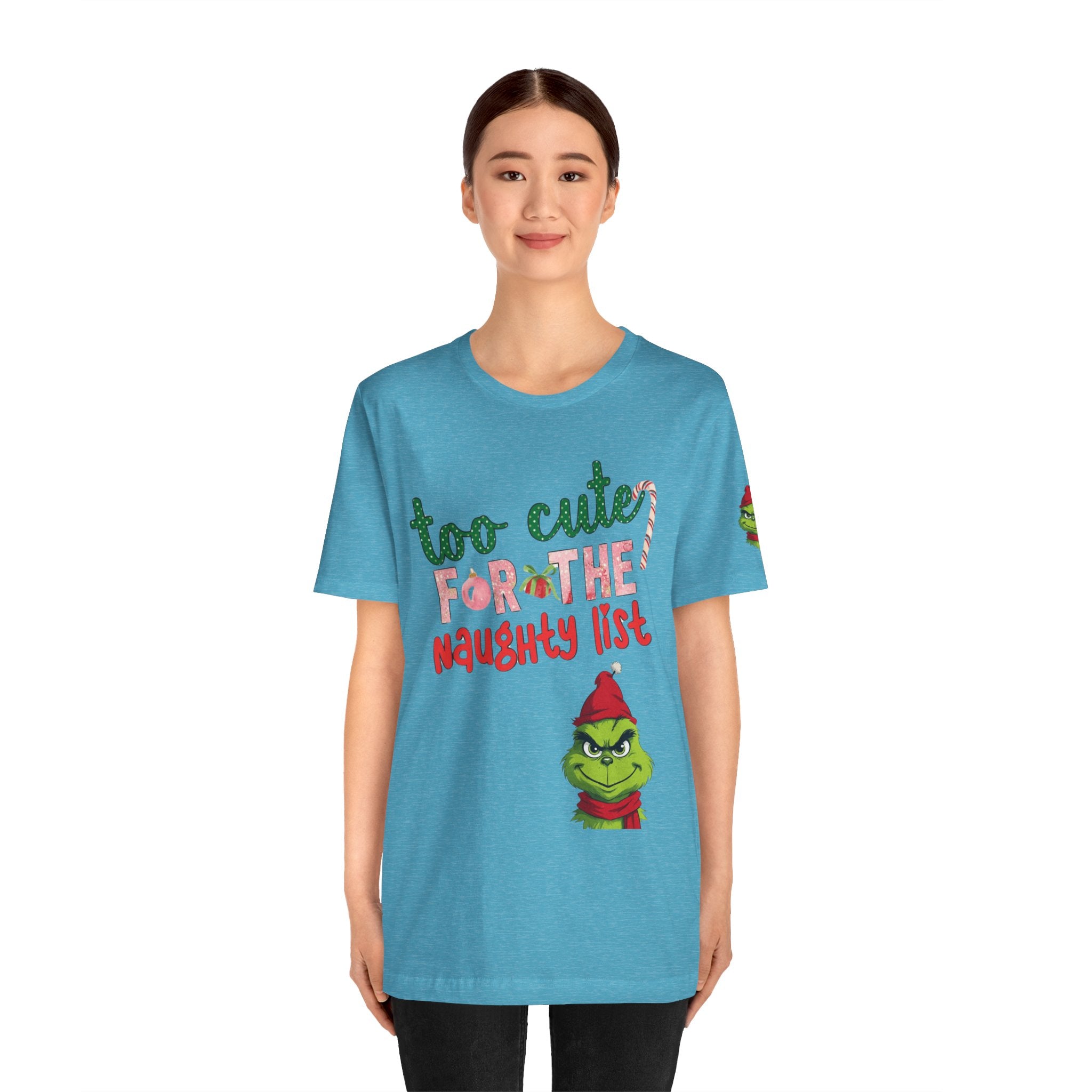 Christmas T-Shirts and Sweatshirts Collection Cute Grinch Holiday Tee 'Too Cute for the Naughty List' Unisex Jersey T-Shirt