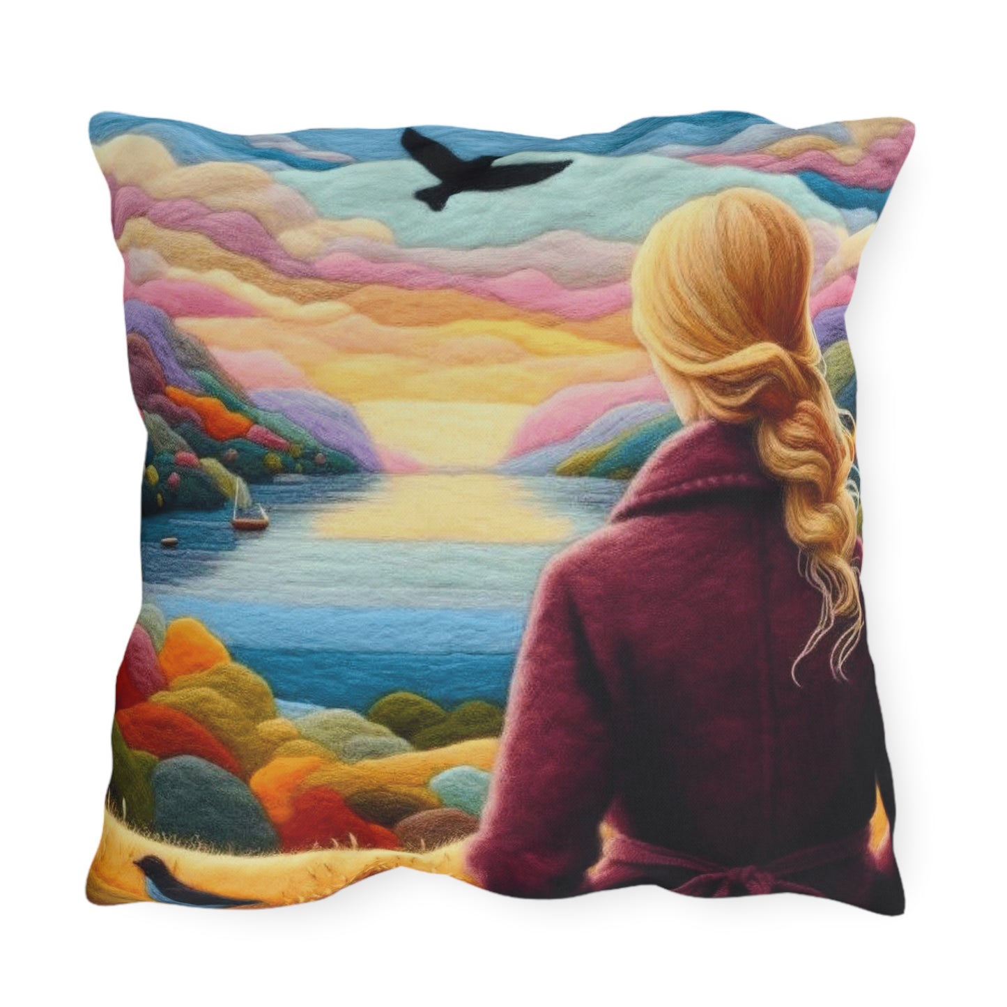 Scenic Lakeview Outdoor Pillow — Woman Overlooking Colorful Sunset Landscape