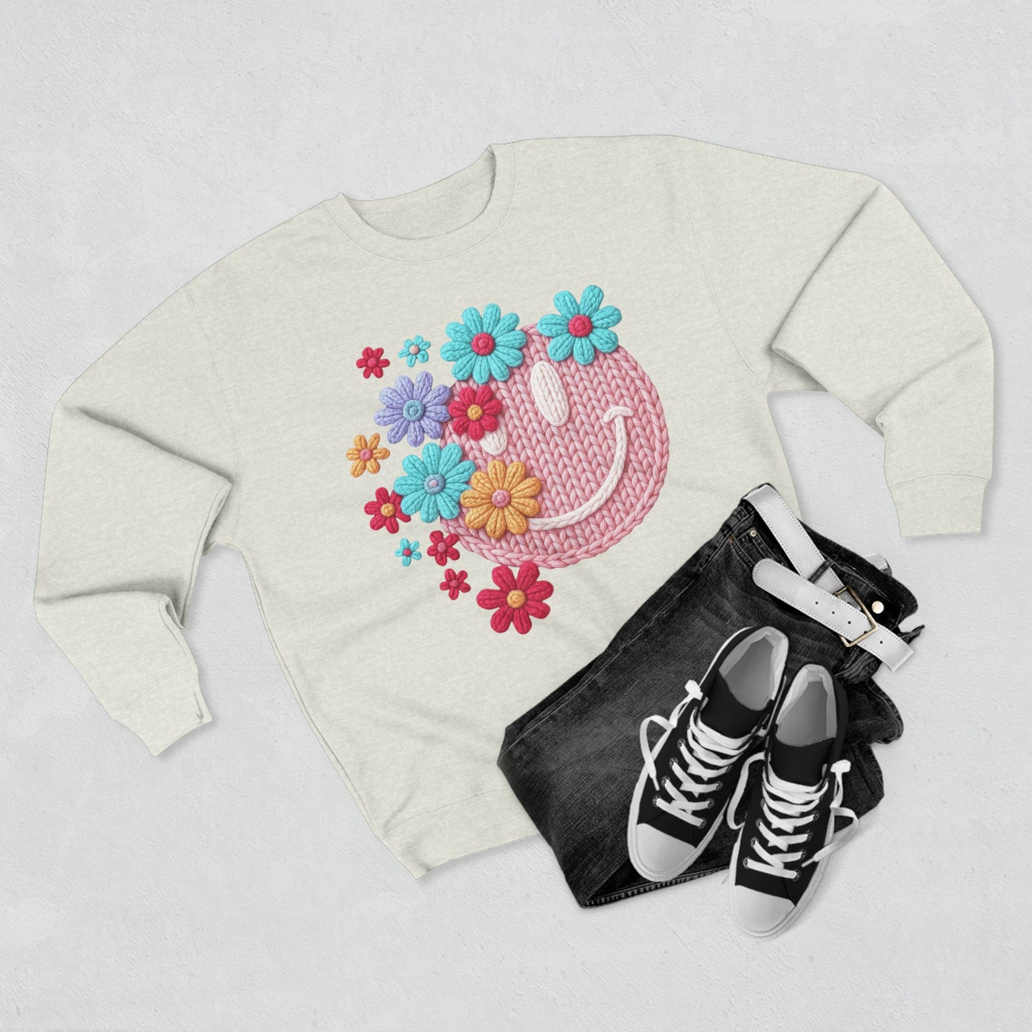 Floral Knit Smile Sweatshirt Cozy, Unbothered