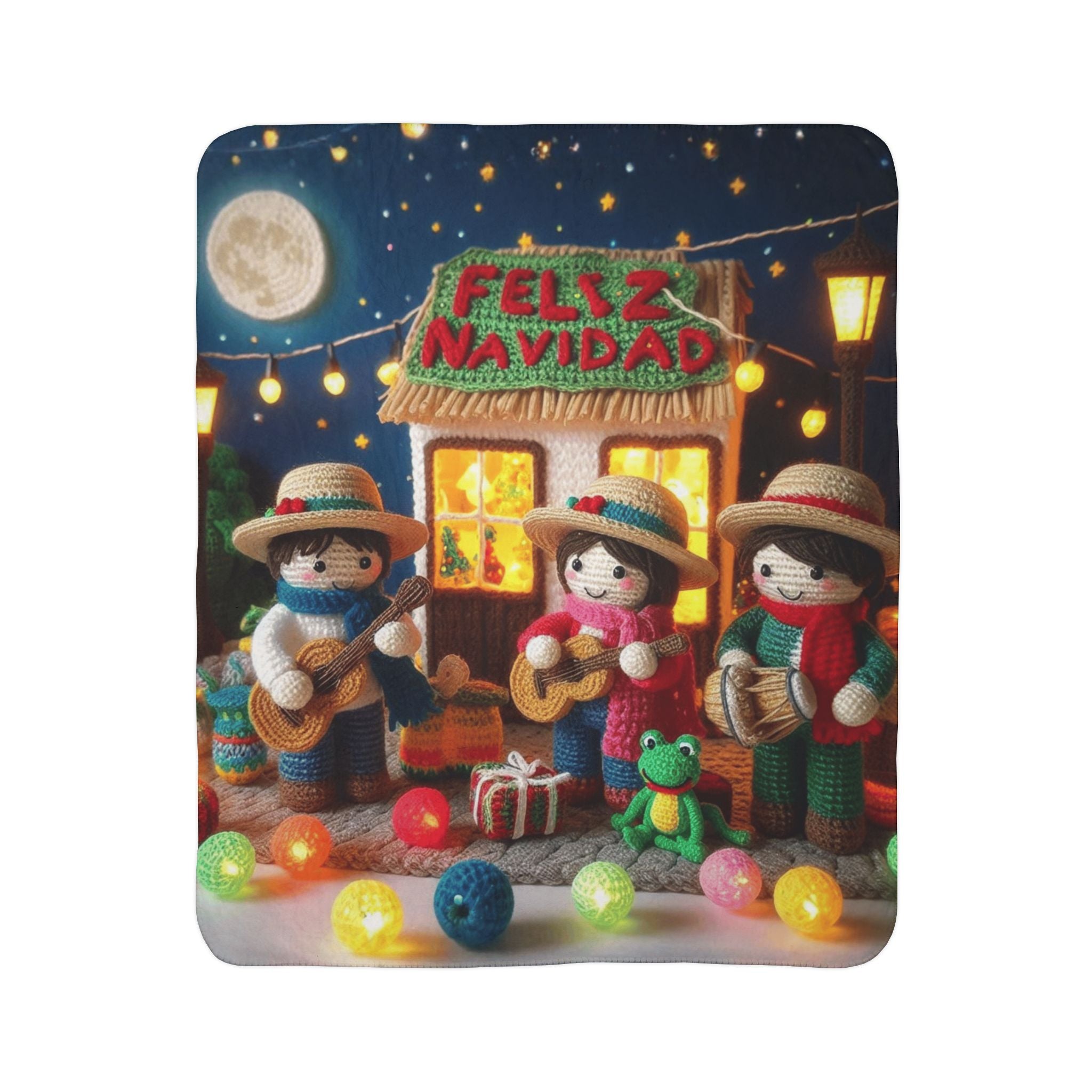 Feliz Navidad Fleece Sherpa Blanket — Festive Mexican Carolers Holiday Throw Puerto Rico Design Blanket
